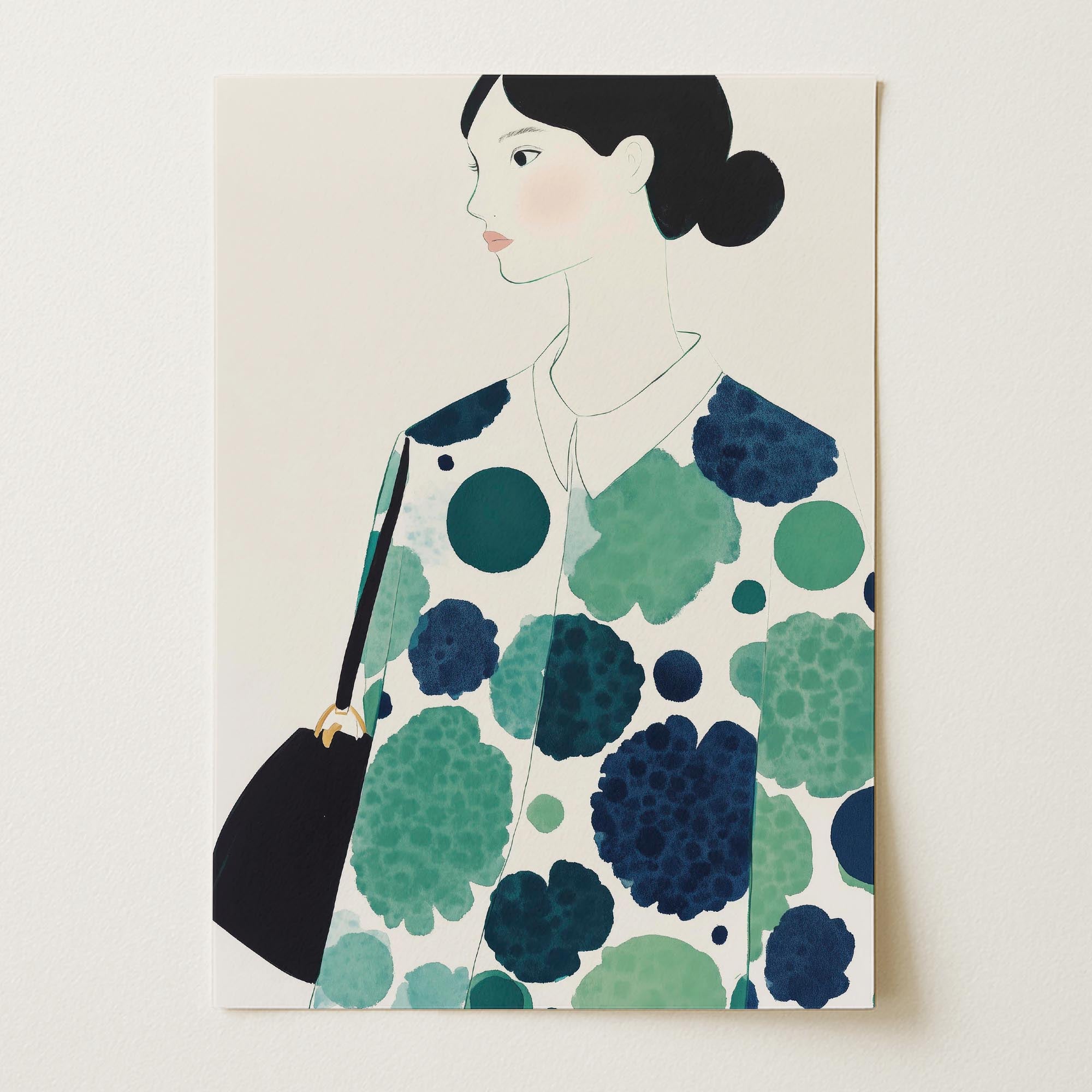 Woman in Green Pattern Dress Portrait Wall Art Print-Skudaboo