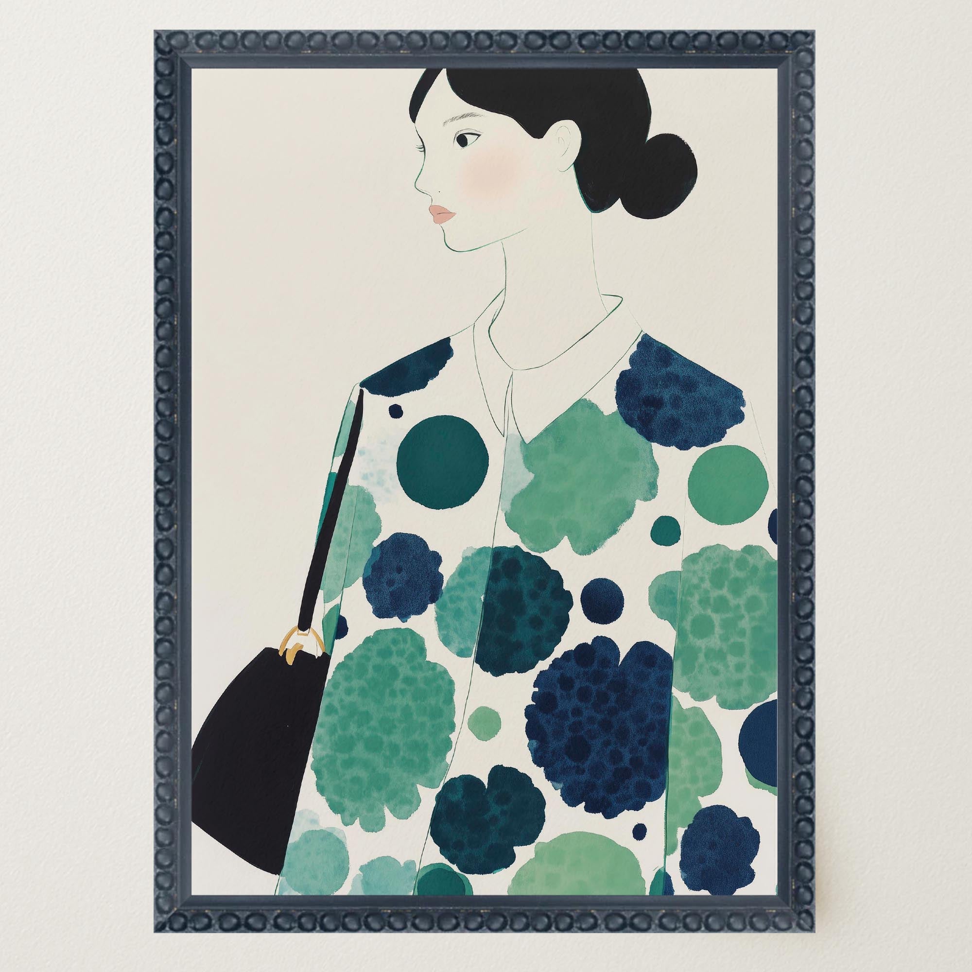 Woman in Green Pattern Dress Portrait Wall Art Print-Skudaboo