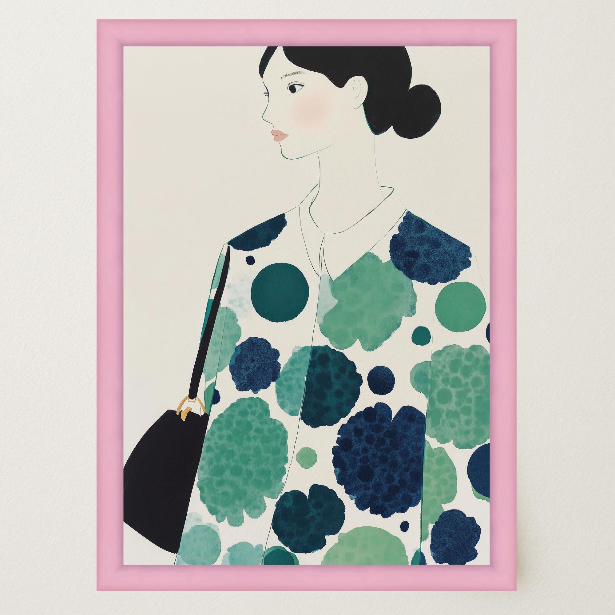 Woman in Green Pattern Dress Portrait Wall Art Print-Skudaboo