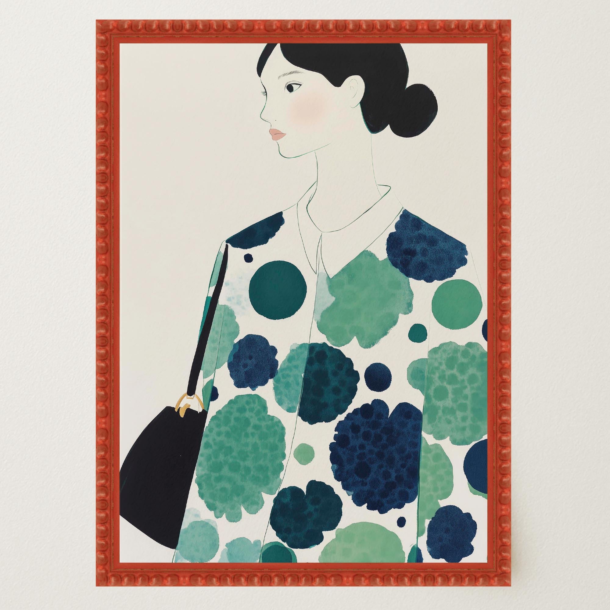 Woman in Green Pattern Dress Portrait Wall Art Print-Skudaboo