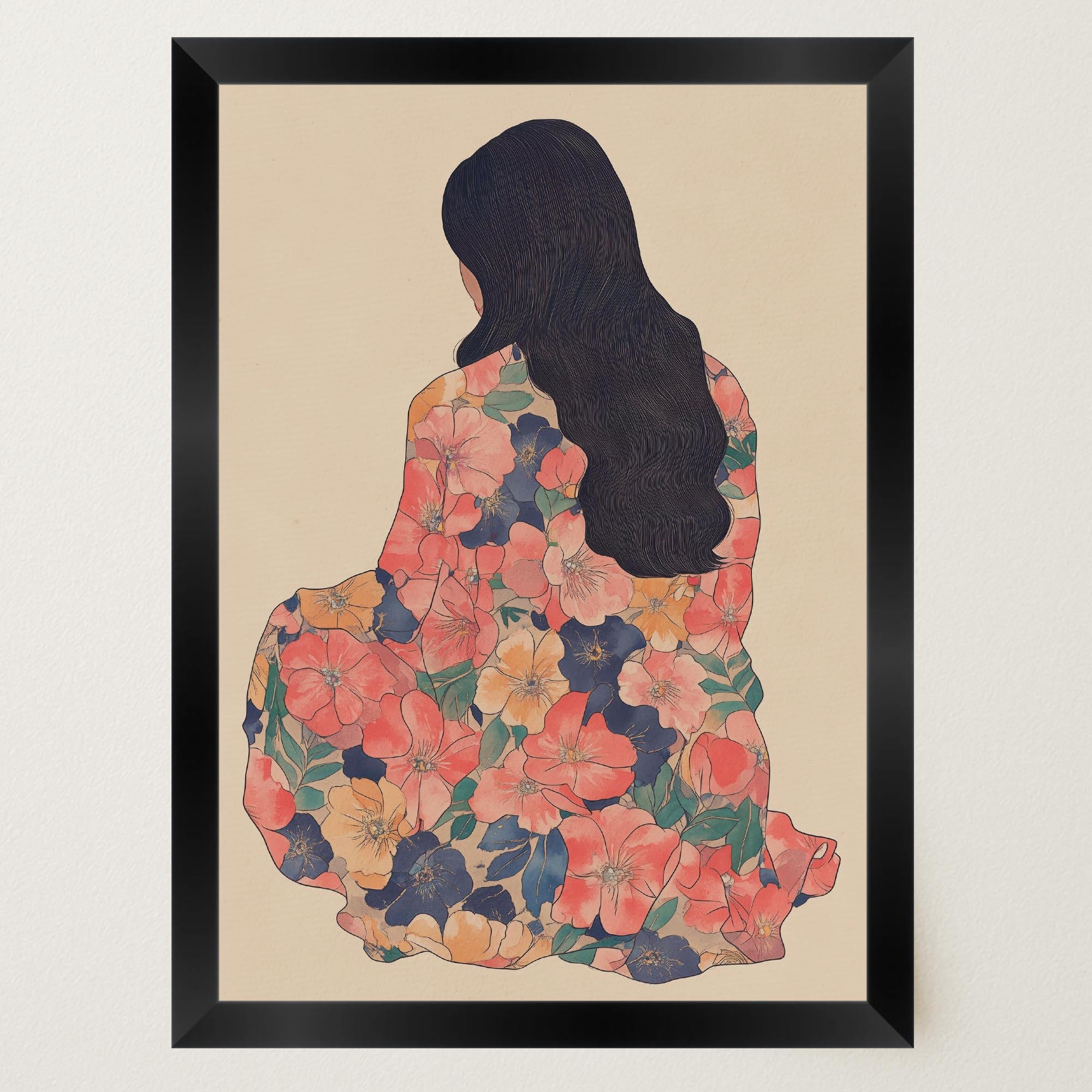 Woman in Floral Dress Modern Portrait Wall Art Print-Skudaboo