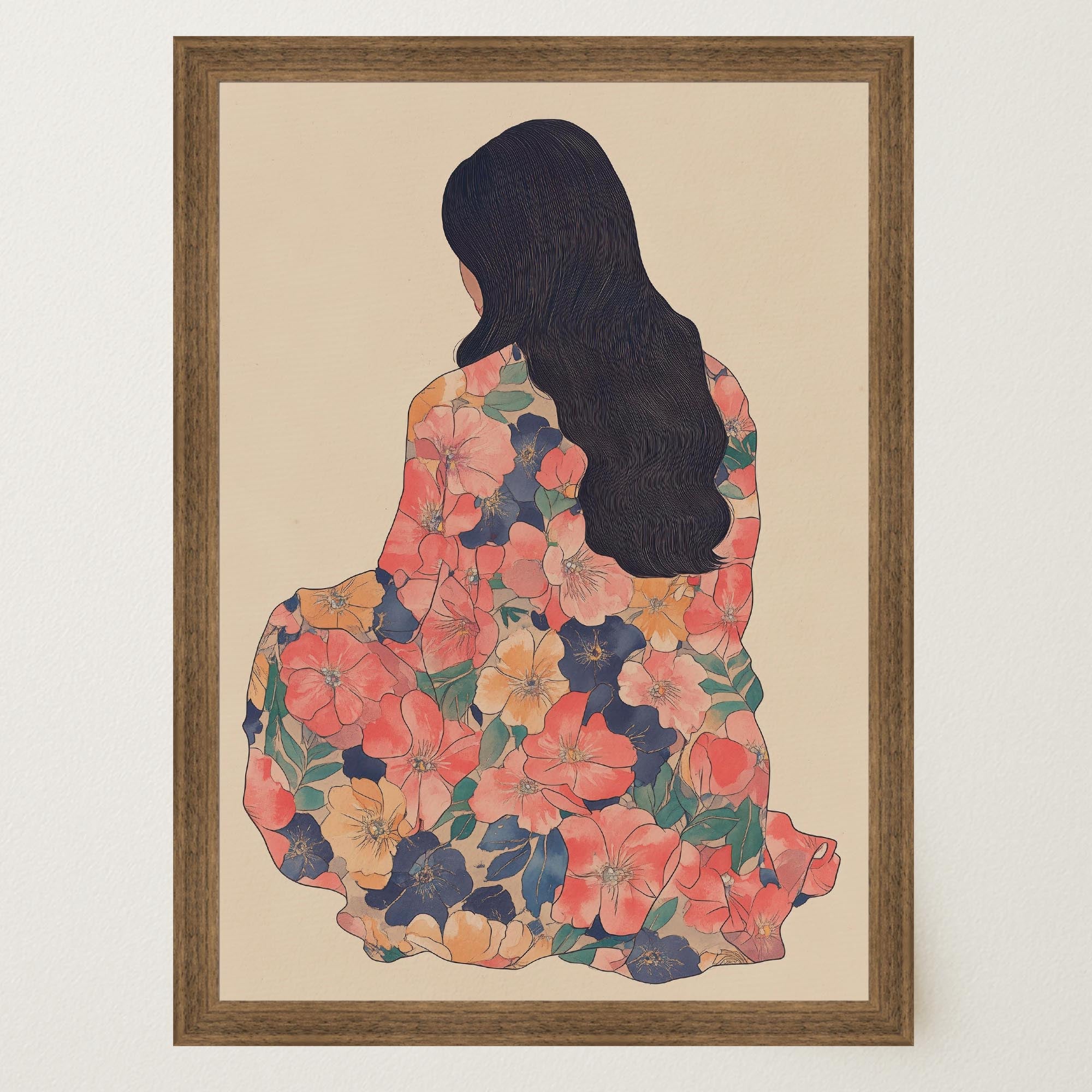 Woman in Floral Dress Modern Portrait Wall Art Print-Skudaboo