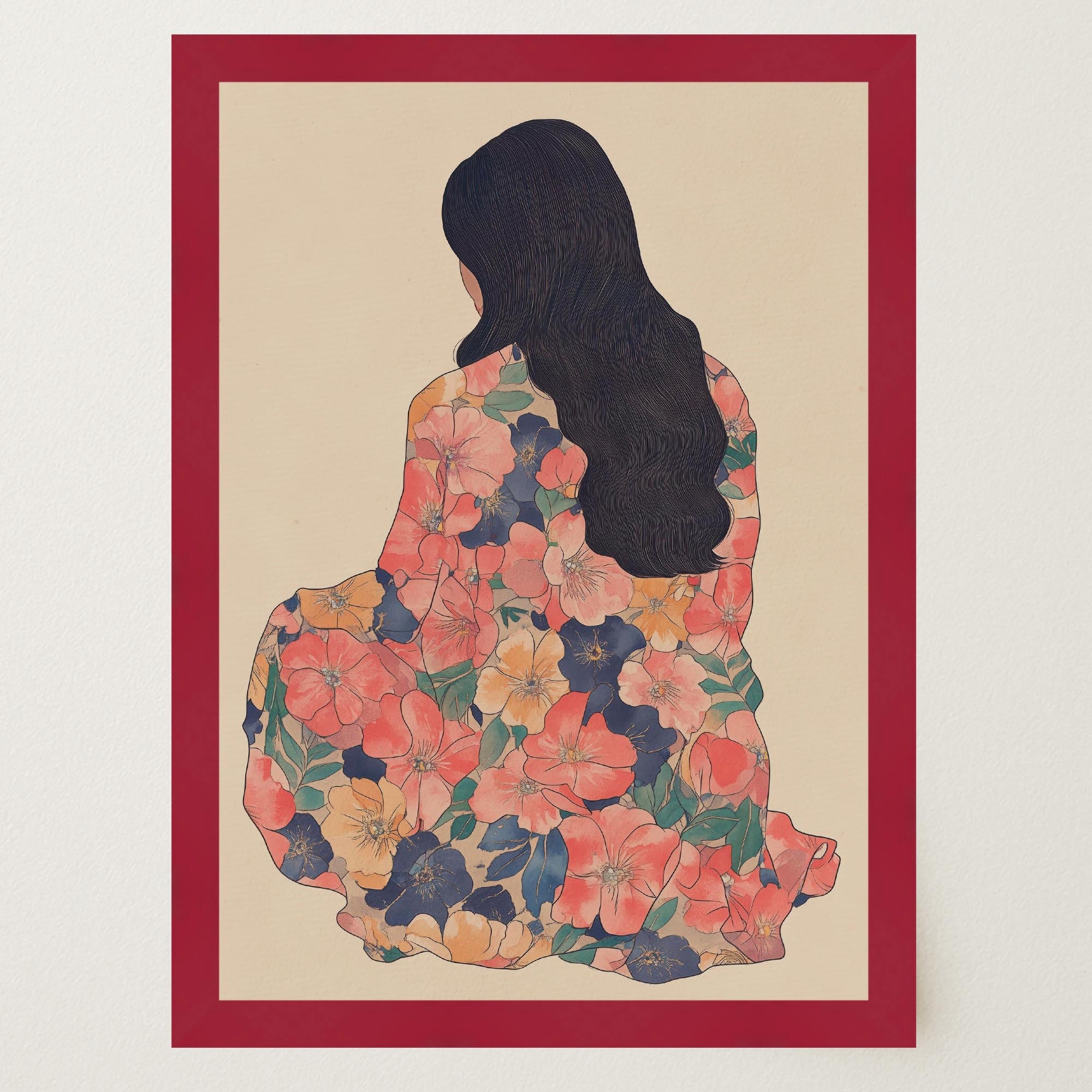 Woman in Floral Dress Modern Portrait Wall Art Print-Skudaboo