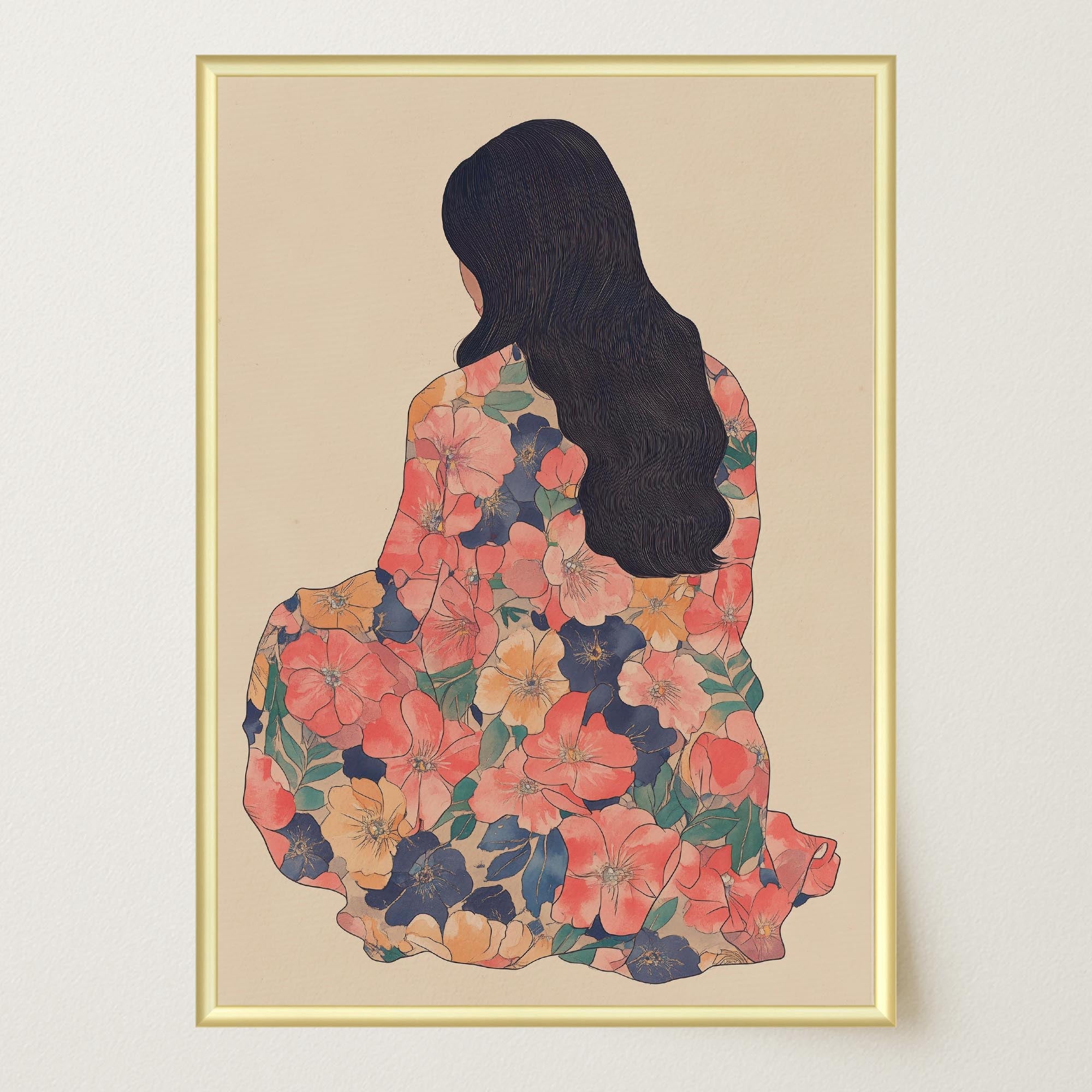 Woman in Floral Dress Modern Portrait Wall Art Print-Skudaboo