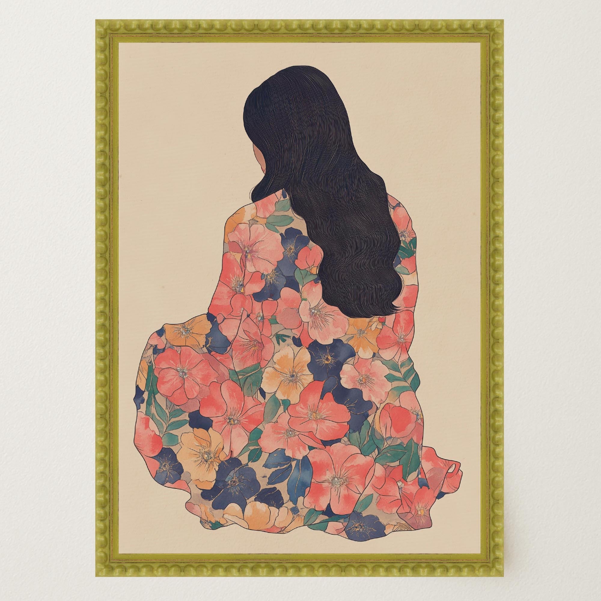 Woman in Floral Dress Modern Portrait Wall Art Print-Skudaboo