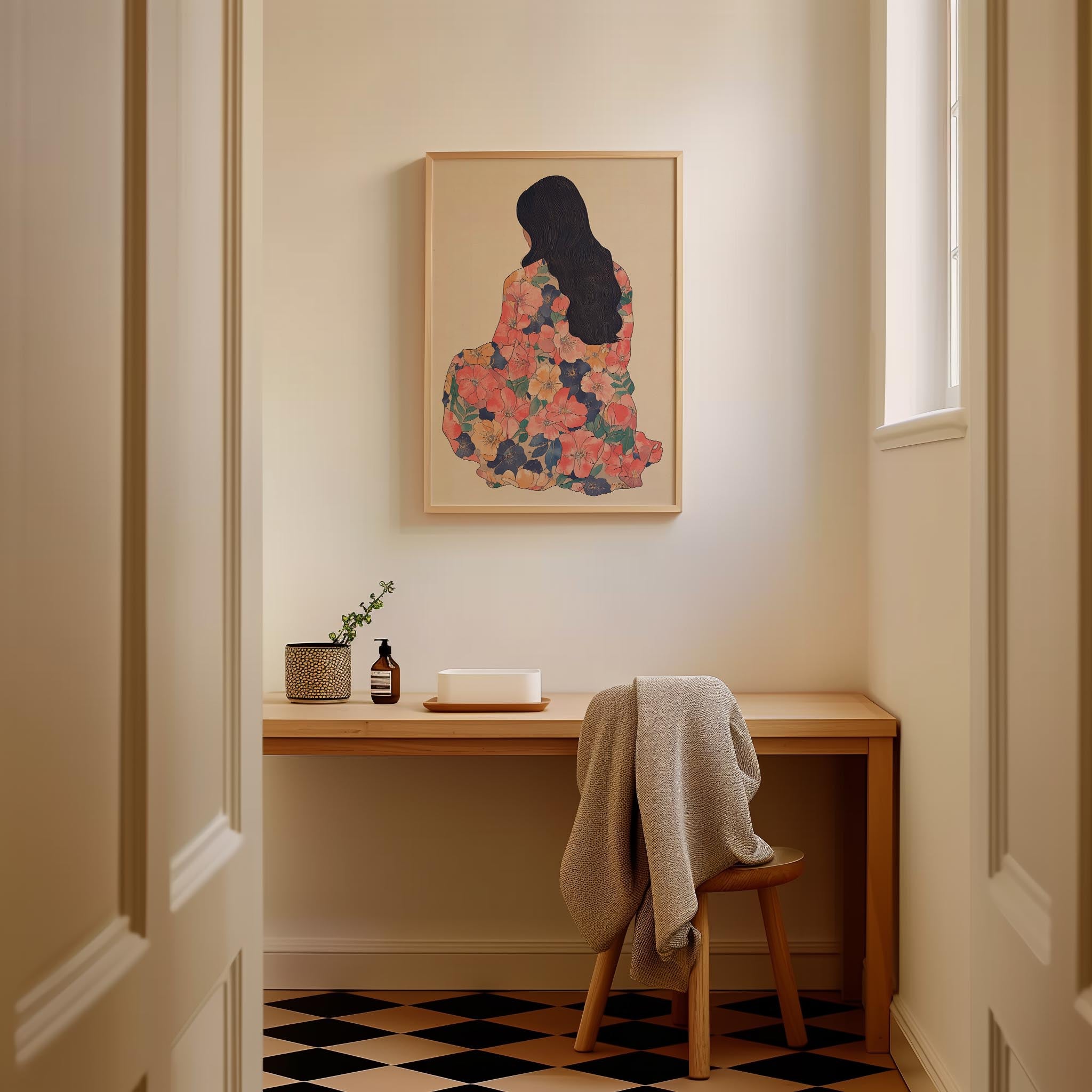 Woman in Floral Dress Modern Portrait Wall Art Print-Skudaboo