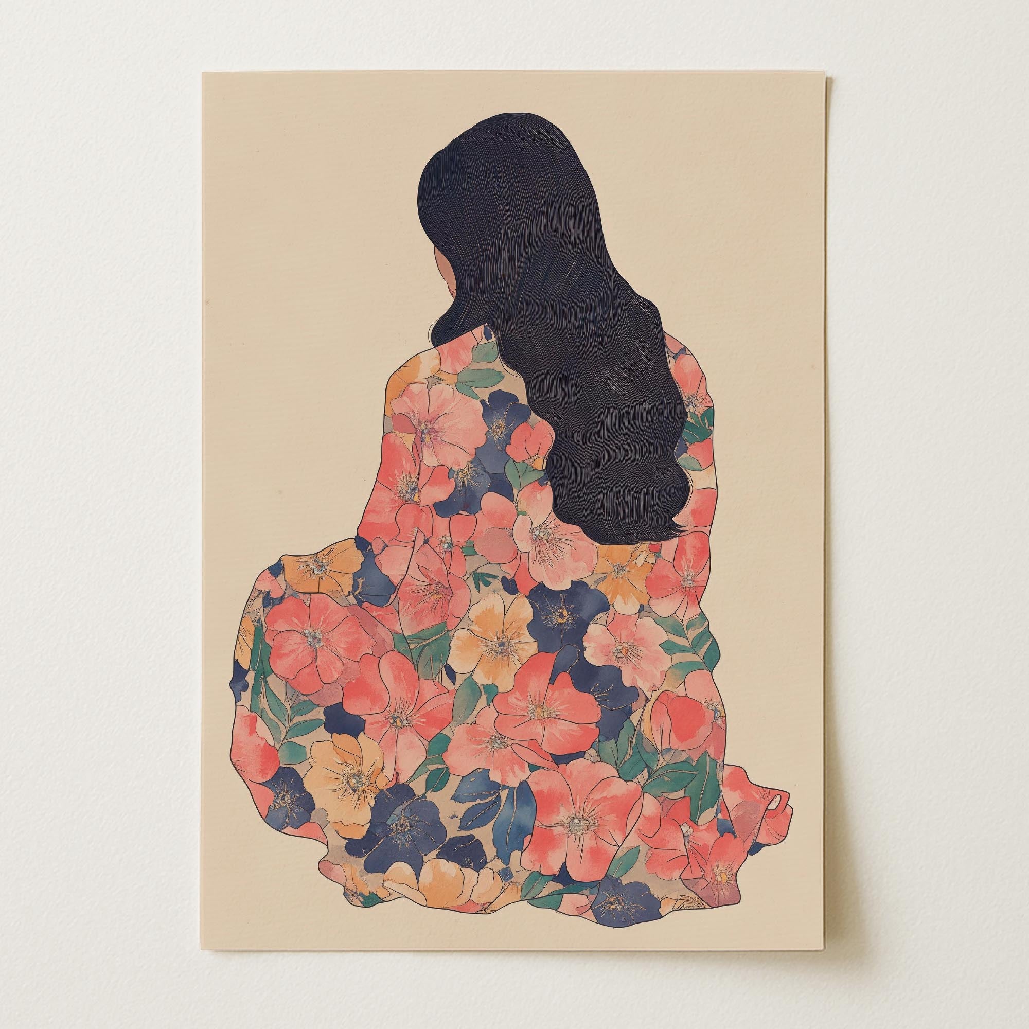 Woman in Floral Dress Modern Portrait Wall Art Print-Skudaboo