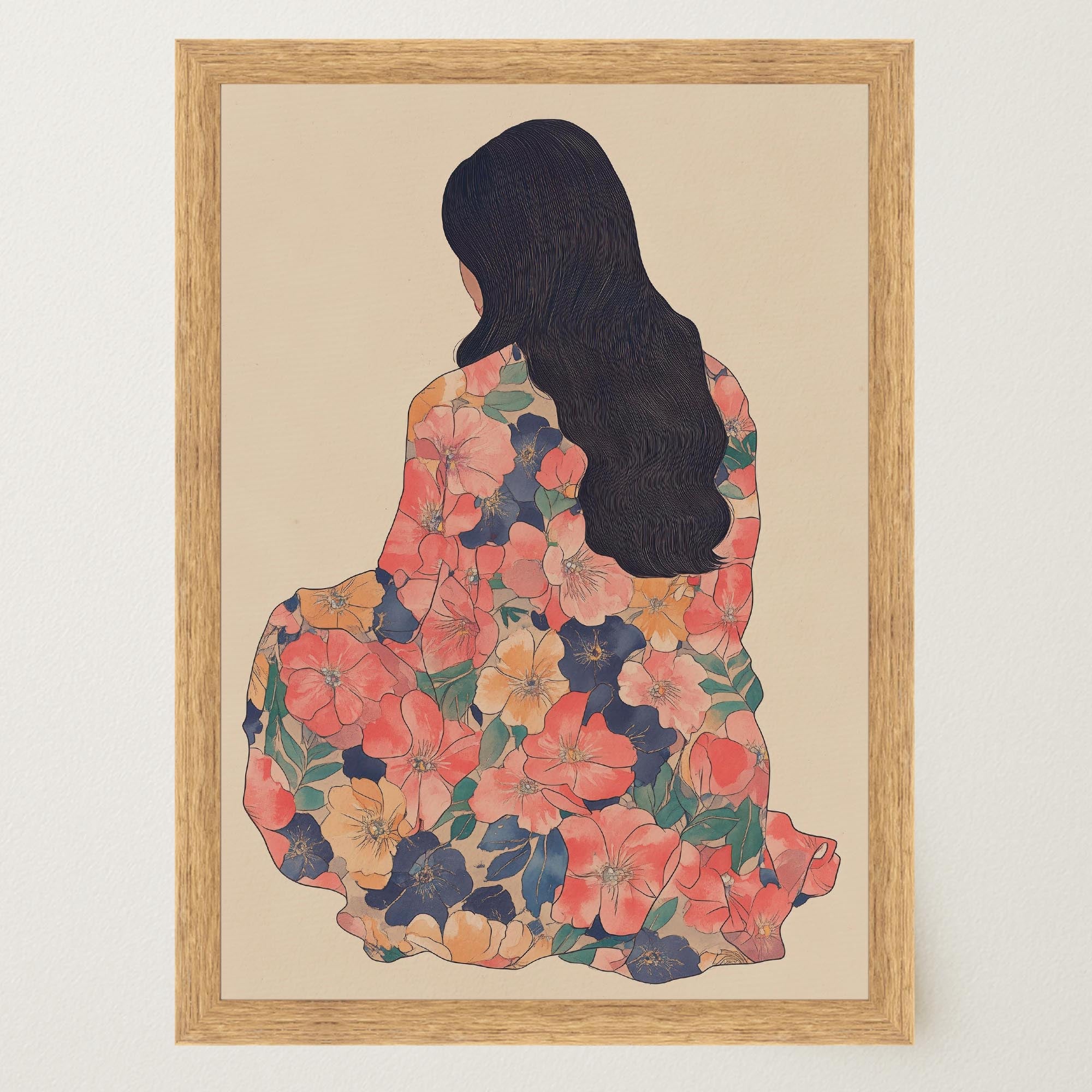 Woman in Floral Dress Modern Portrait Wall Art Print-Skudaboo