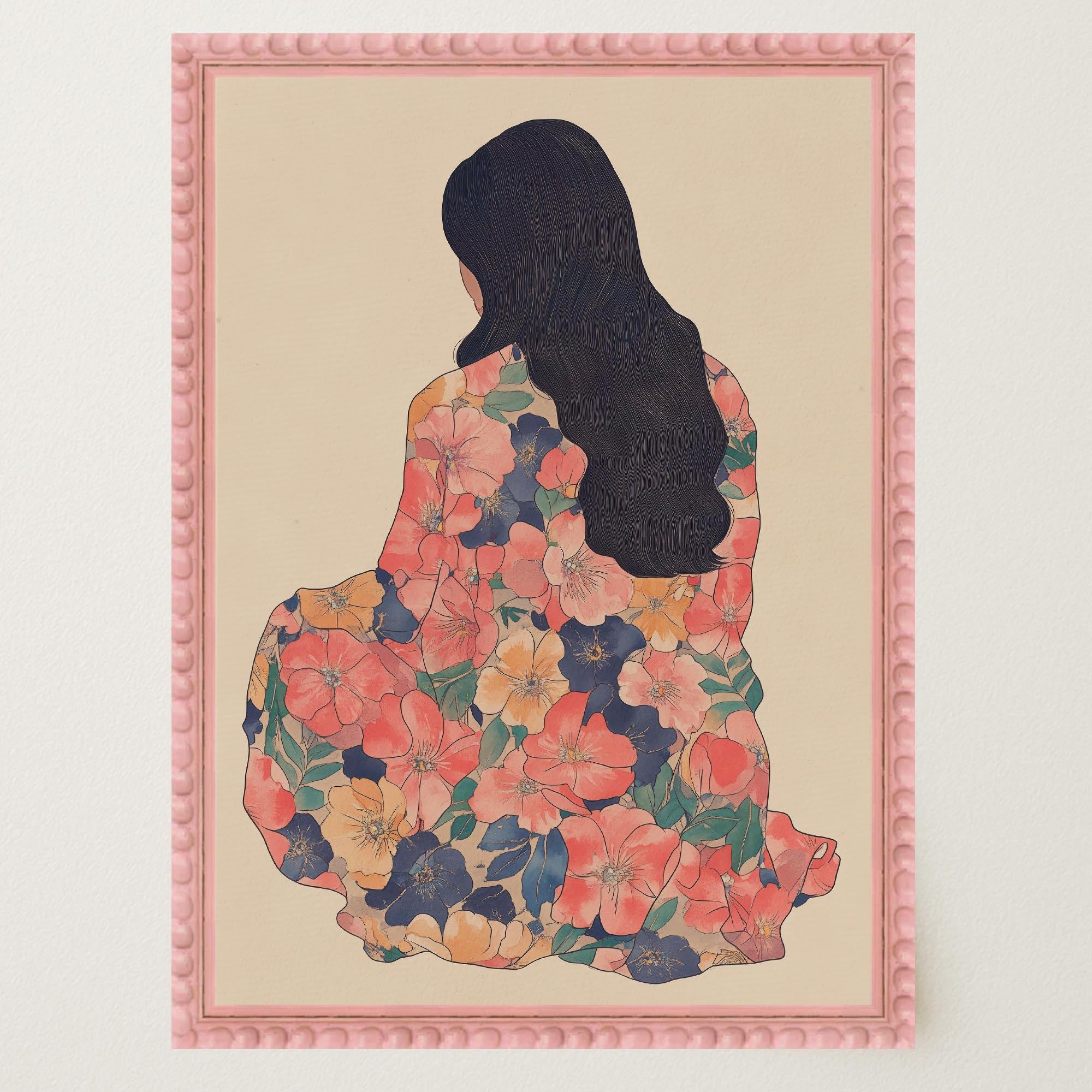 Woman in Floral Dress Modern Portrait Wall Art Print-Skudaboo