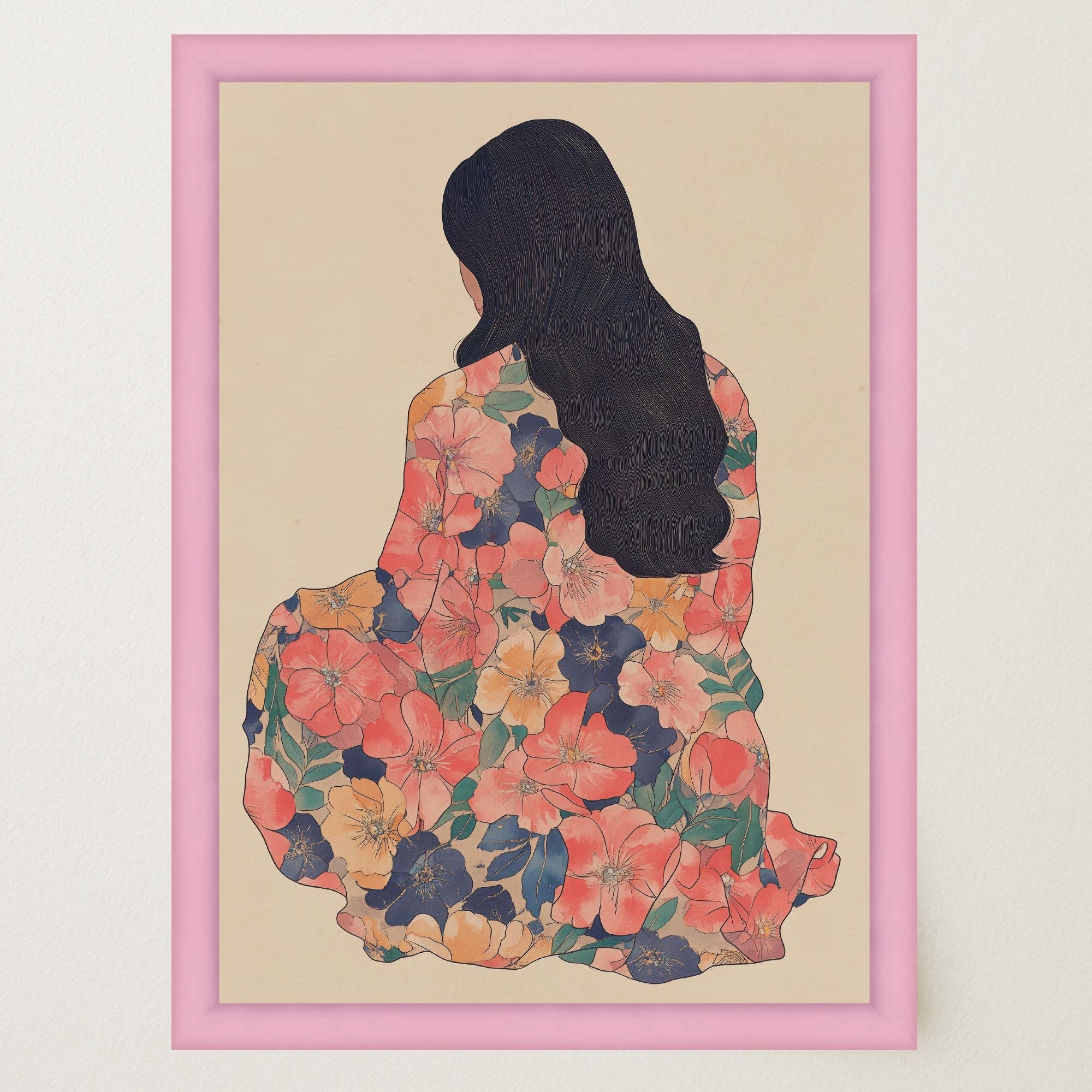 Woman in Floral Dress Modern Portrait Wall Art Print-Skudaboo