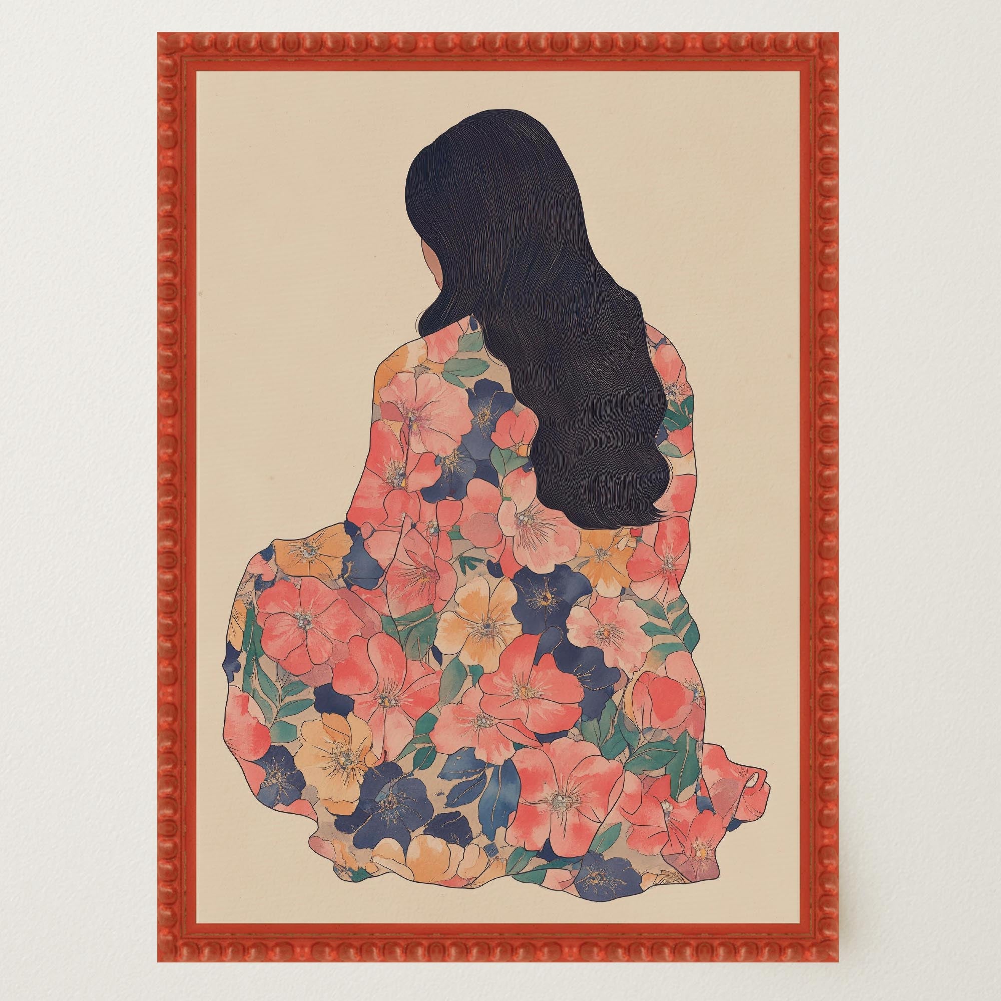 Woman in Floral Dress Modern Portrait Wall Art Print-Skudaboo