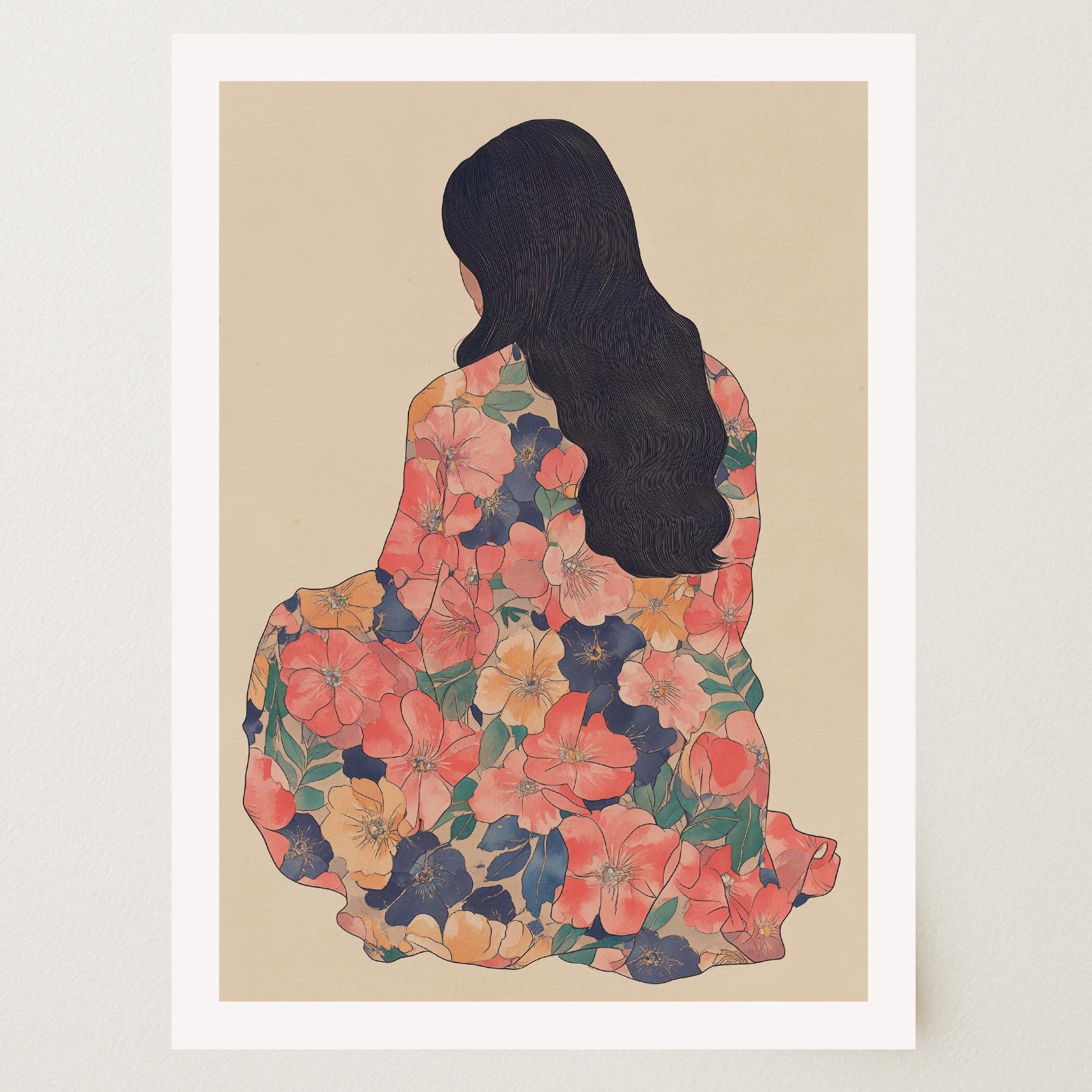 Woman in Floral Dress Modern Portrait Wall Art Print-Skudaboo