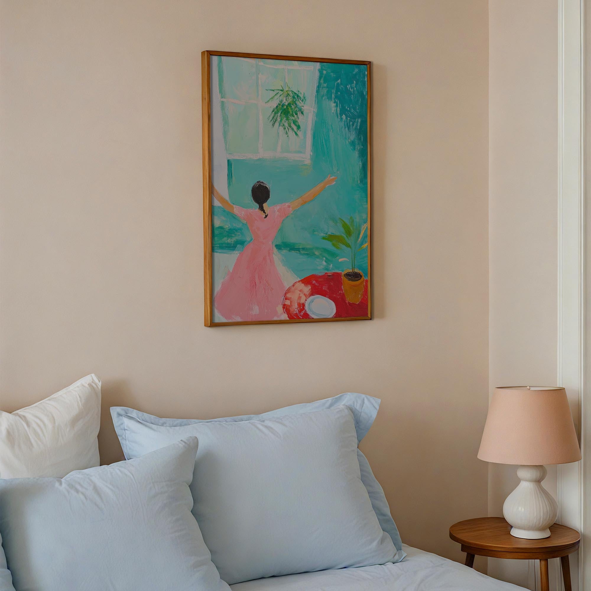 Woman Dancing in Pink Dress Wall Art Print-Skudaboo