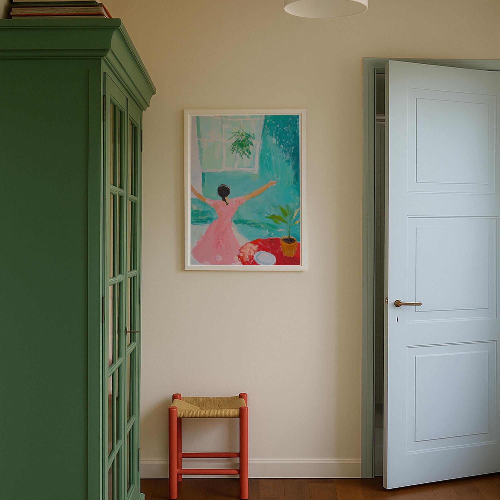 Woman Dancing in Pink Dress Wall Art Print-Skudaboo