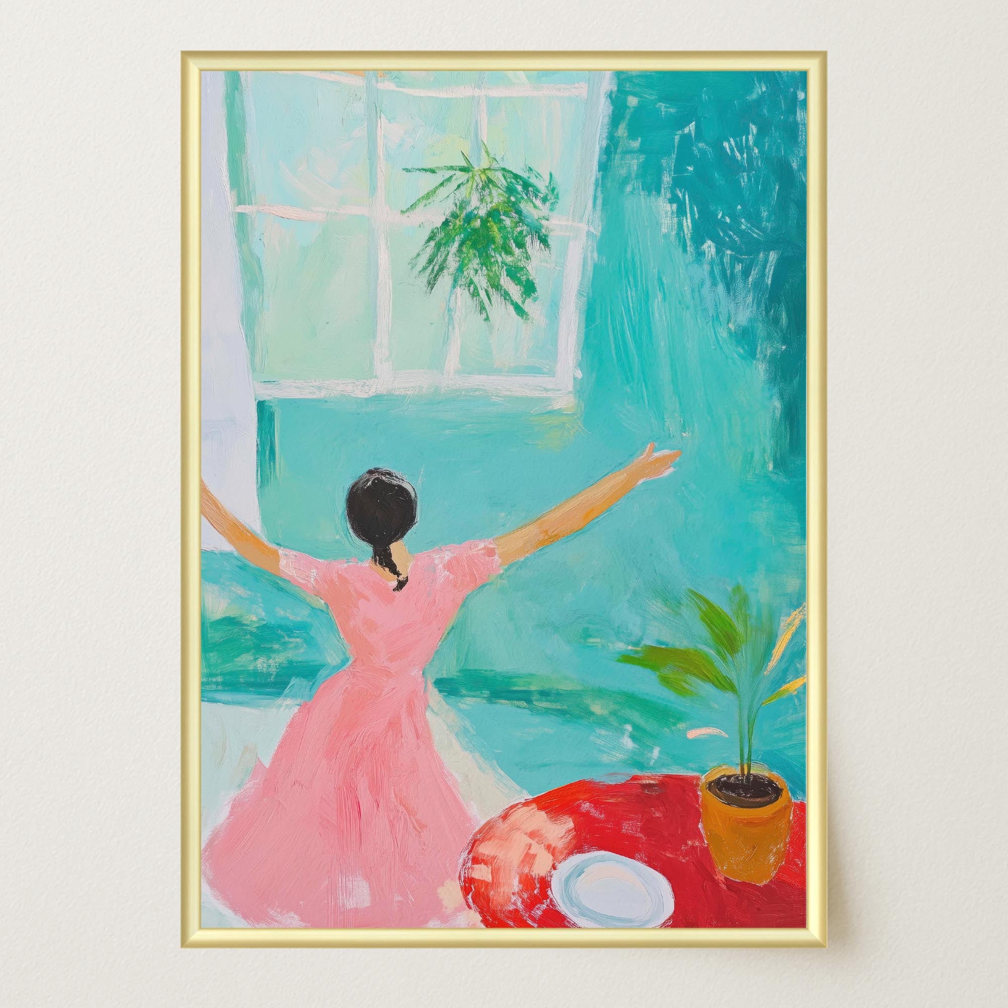 Woman Dancing in Pink Dress Wall Art Print-Skudaboo