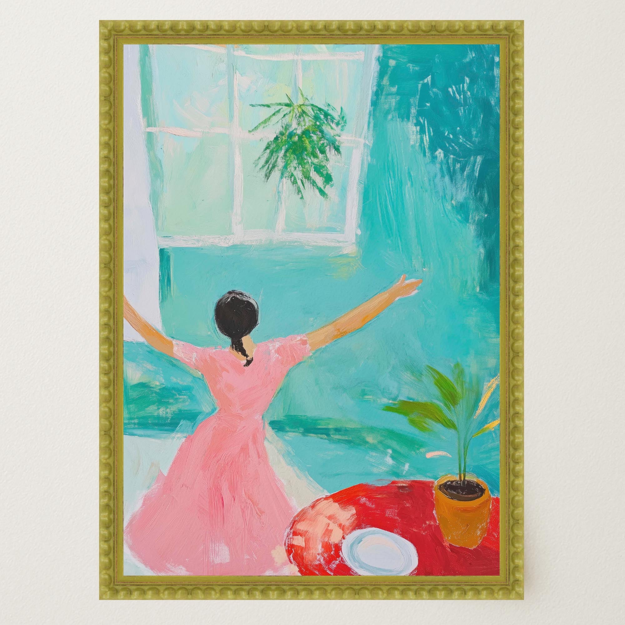 Woman Dancing in Pink Dress Wall Art Print-Skudaboo
