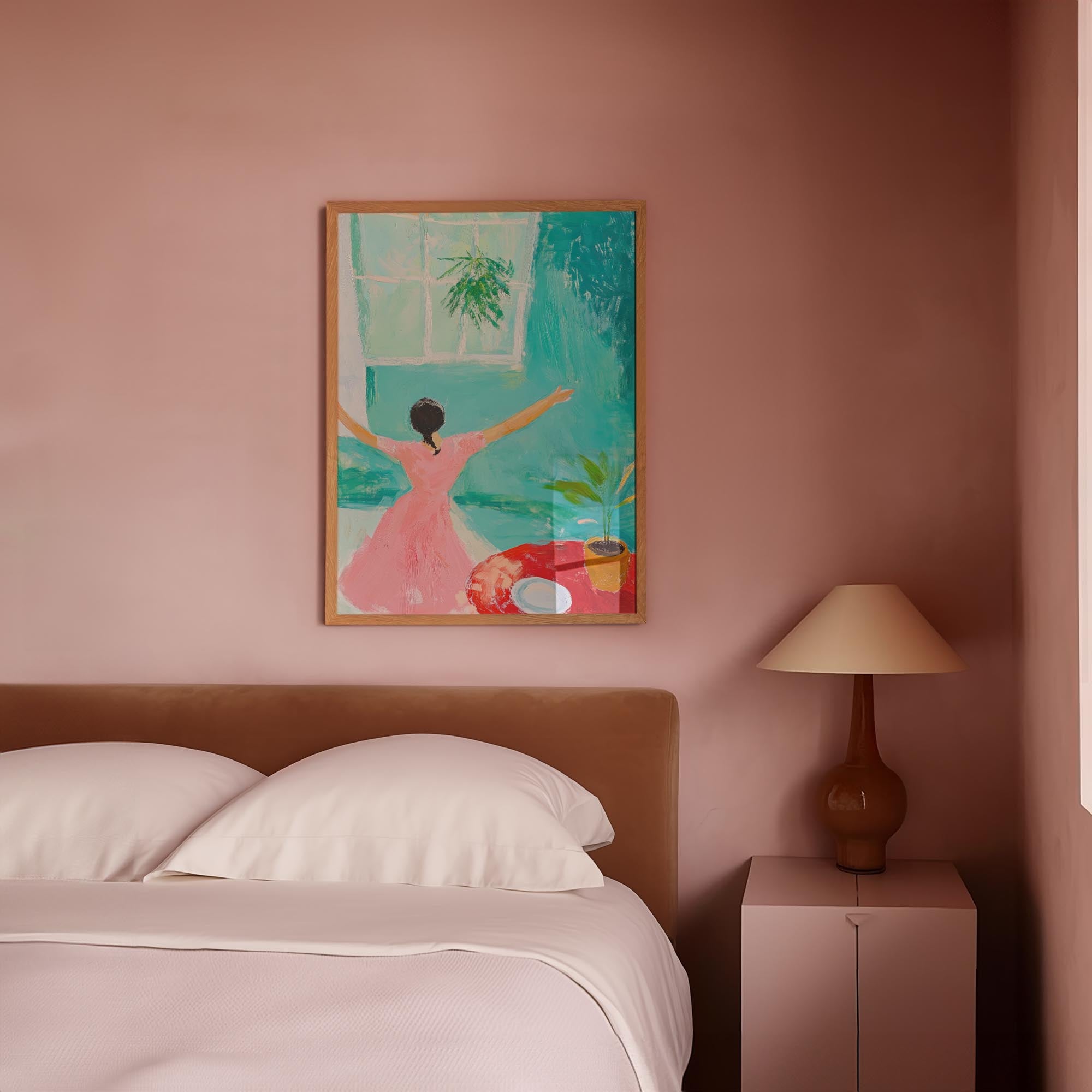 Woman Dancing in Pink Dress Wall Art Print-Skudaboo
