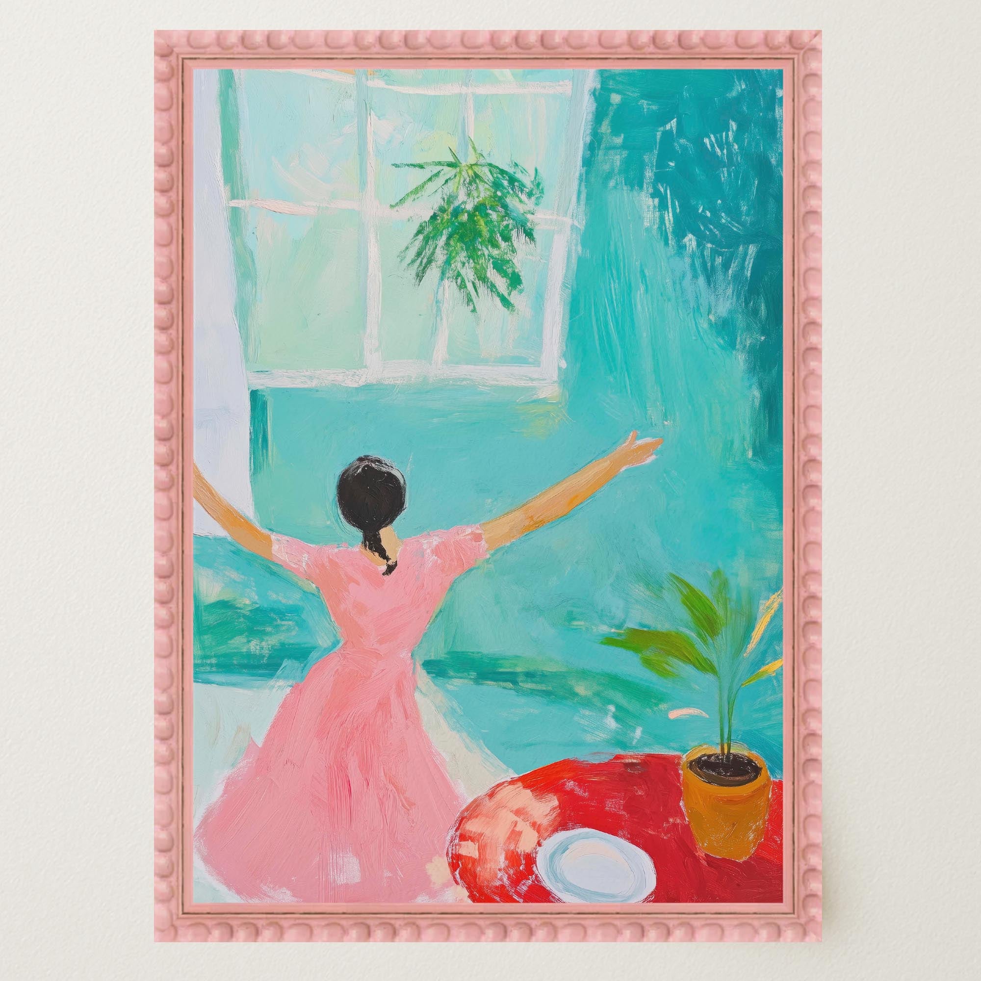 Woman Dancing in Pink Dress Wall Art Print-Skudaboo
