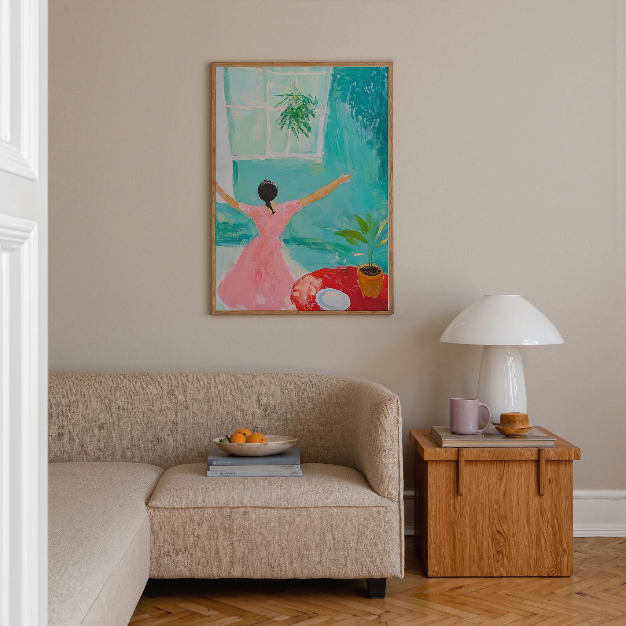 Woman Dancing in Pink Dress Wall Art Print-Skudaboo