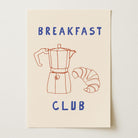 Poster with a Moka pot and croissant illustration and 'Breakfast Club' in blue text on a beige background