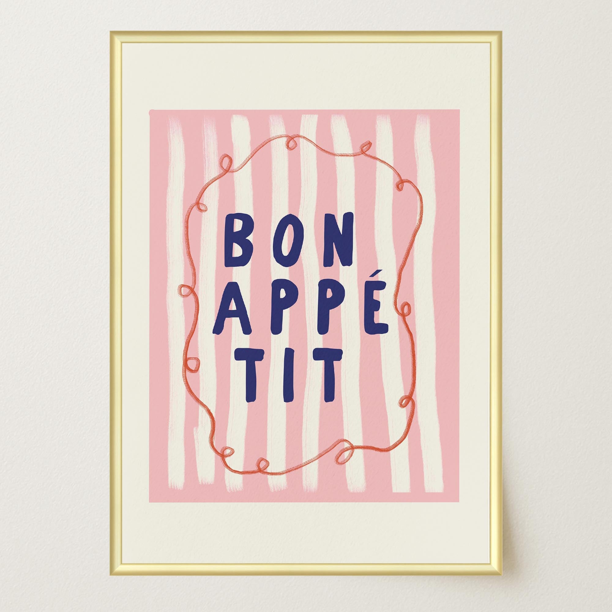Pink Stripe Bon Appetit Typography Wall Art Print-Skudaboo