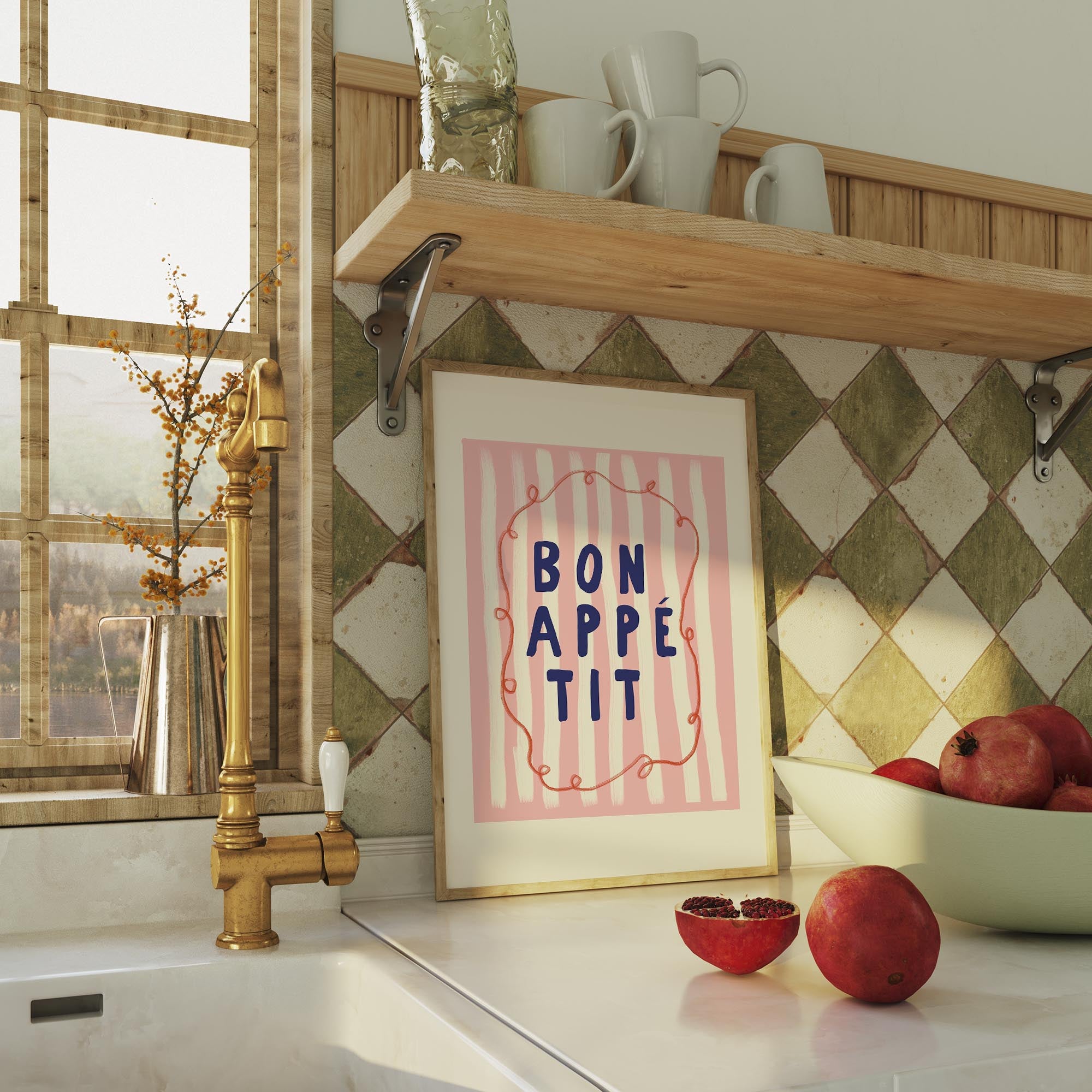 Pink Stripe Bon Appetit Typography Wall Art Print-Skudaboo