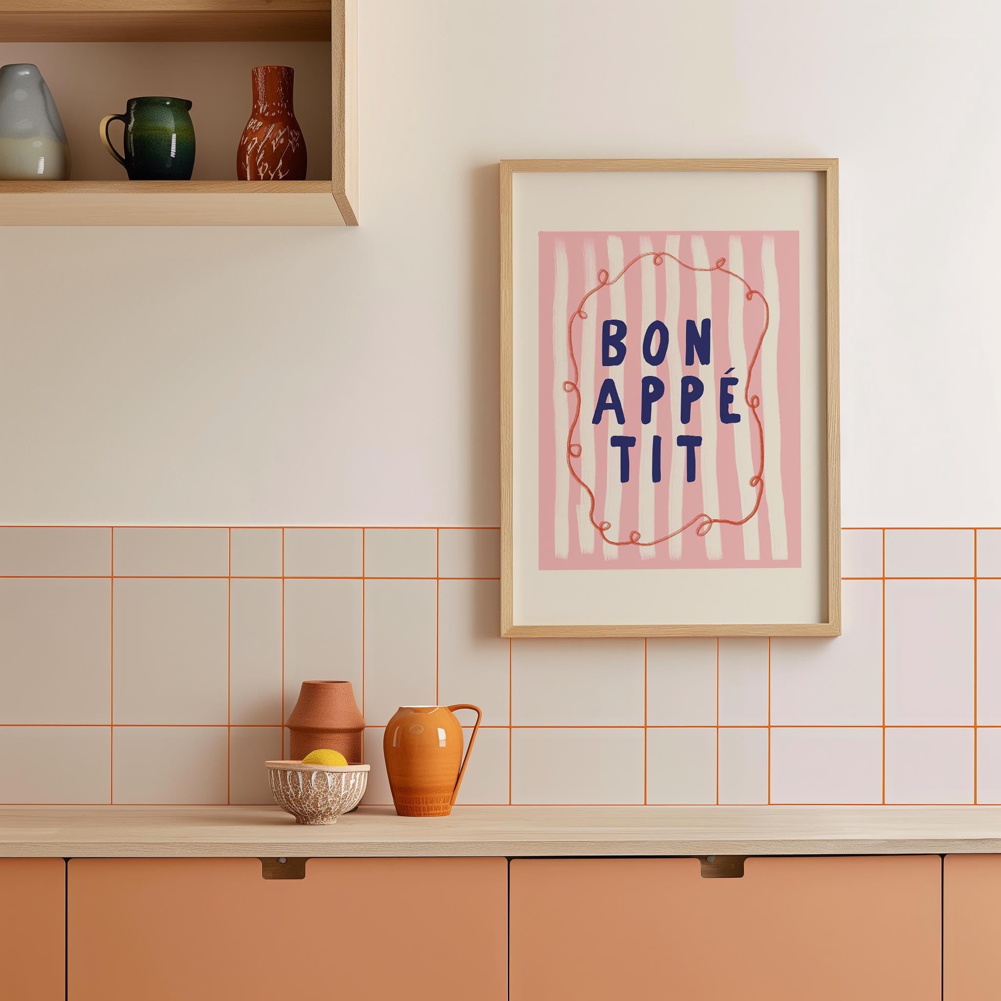 Pink Stripe Bon Appetit Typography Wall Art Print-Skudaboo