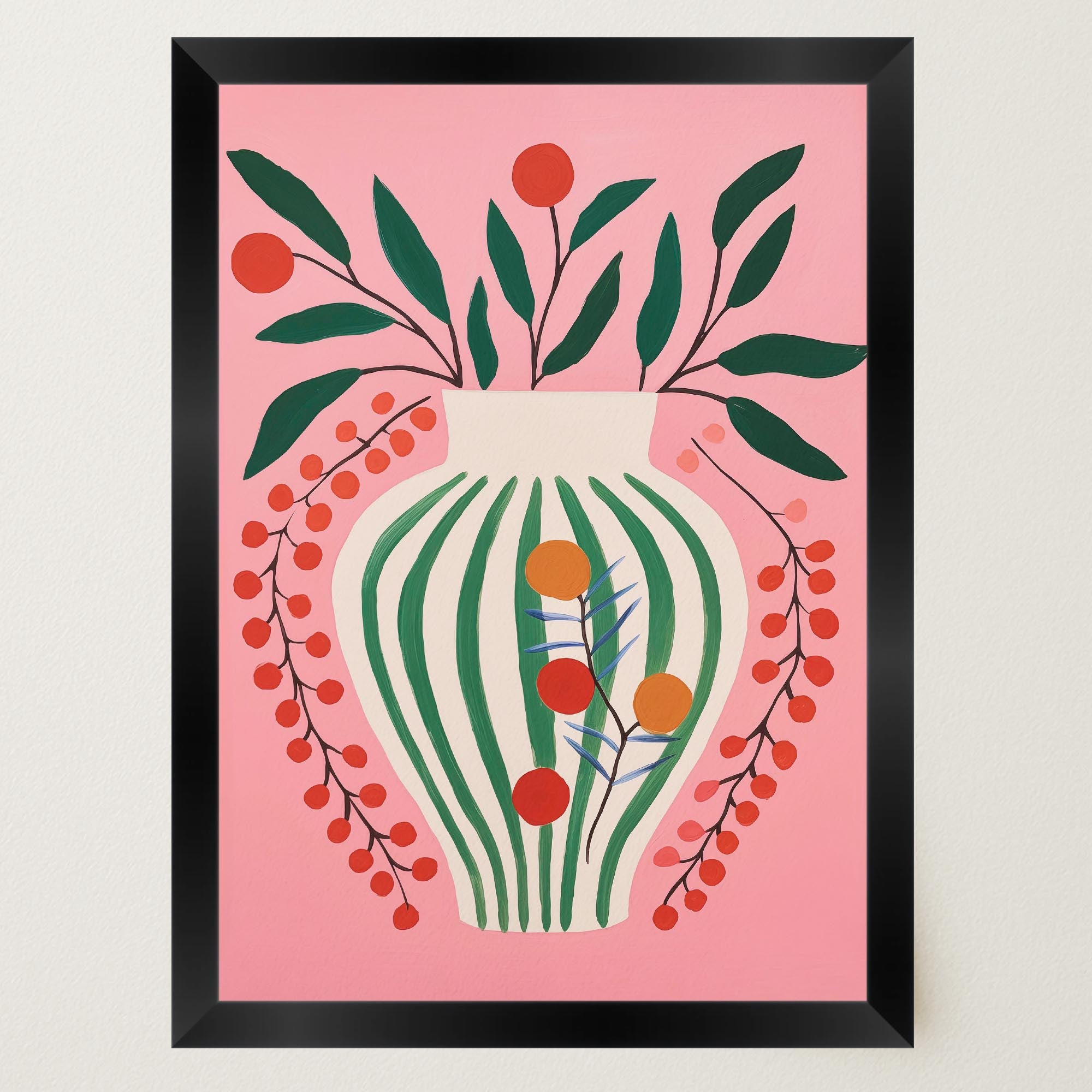 Pink & Green Floral Vase Botanical Illustration Wall Art Print-Skudaboo