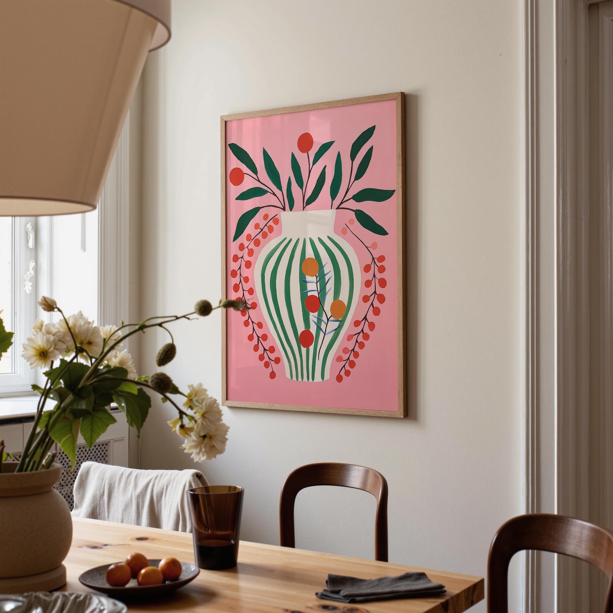 Pink & Green Floral Vase Botanical Illustration Wall Art Print-Skudaboo
