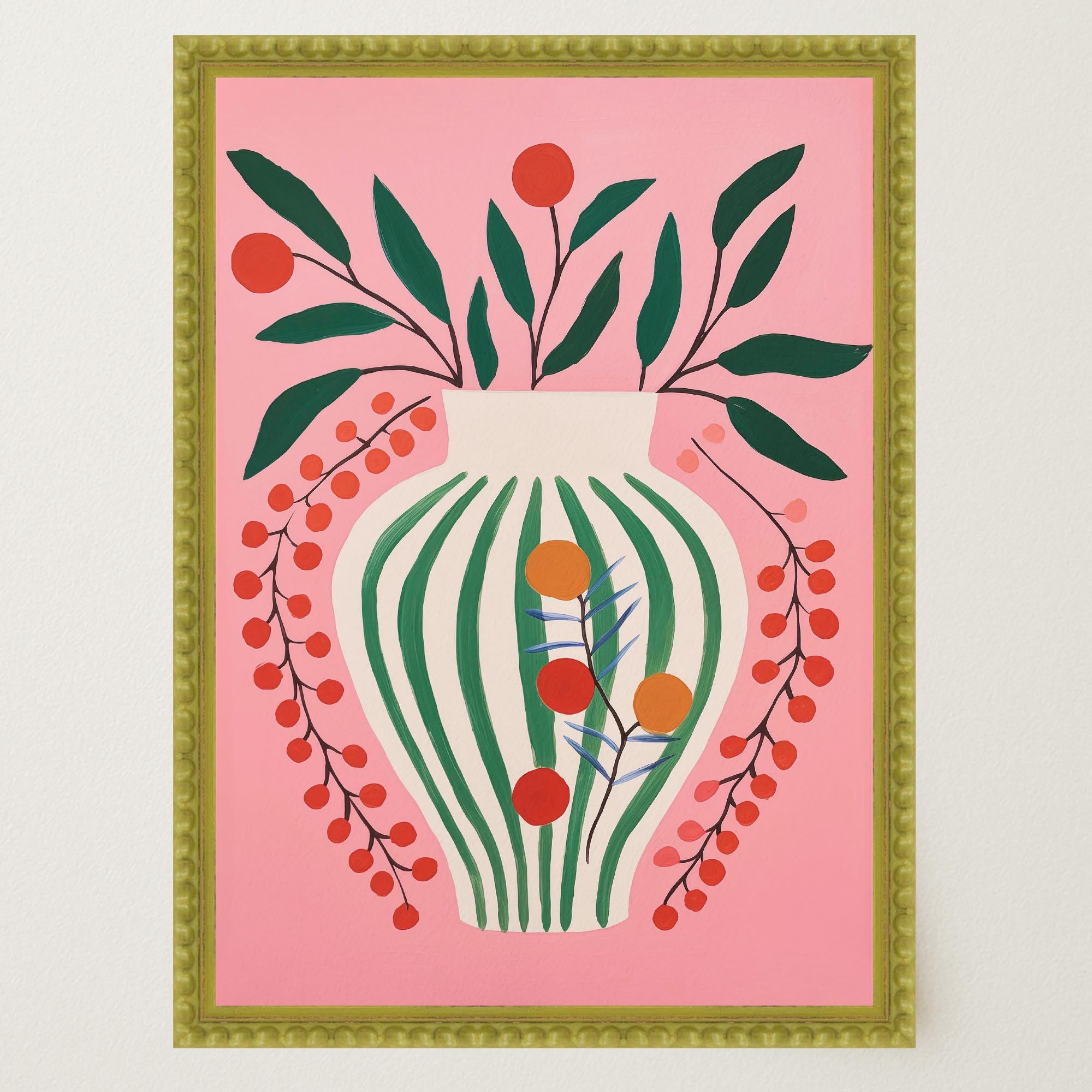 Pink & Green Floral Vase Botanical Illustration Wall Art Print-Skudaboo