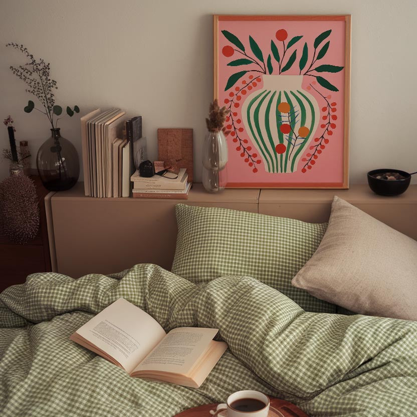 Pink & Green Floral Vase Botanical Illustration Wall Art Print-Skudaboo