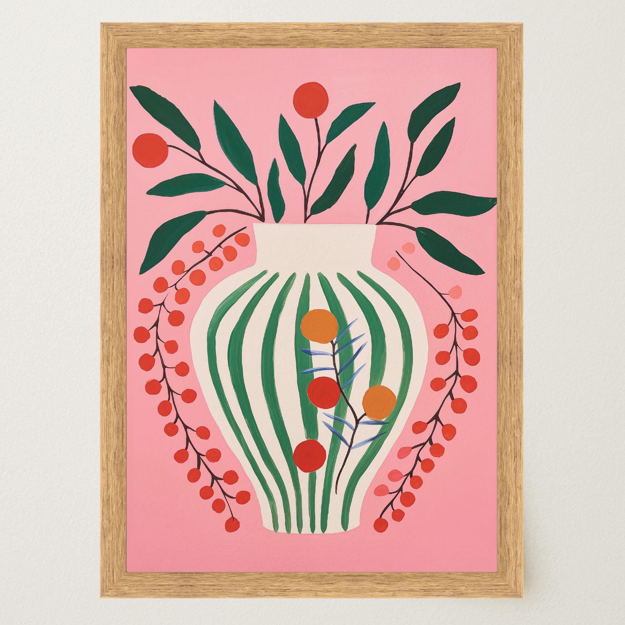 Pink & Green Floral Vase Botanical Illustration Wall Art Print-Skudaboo