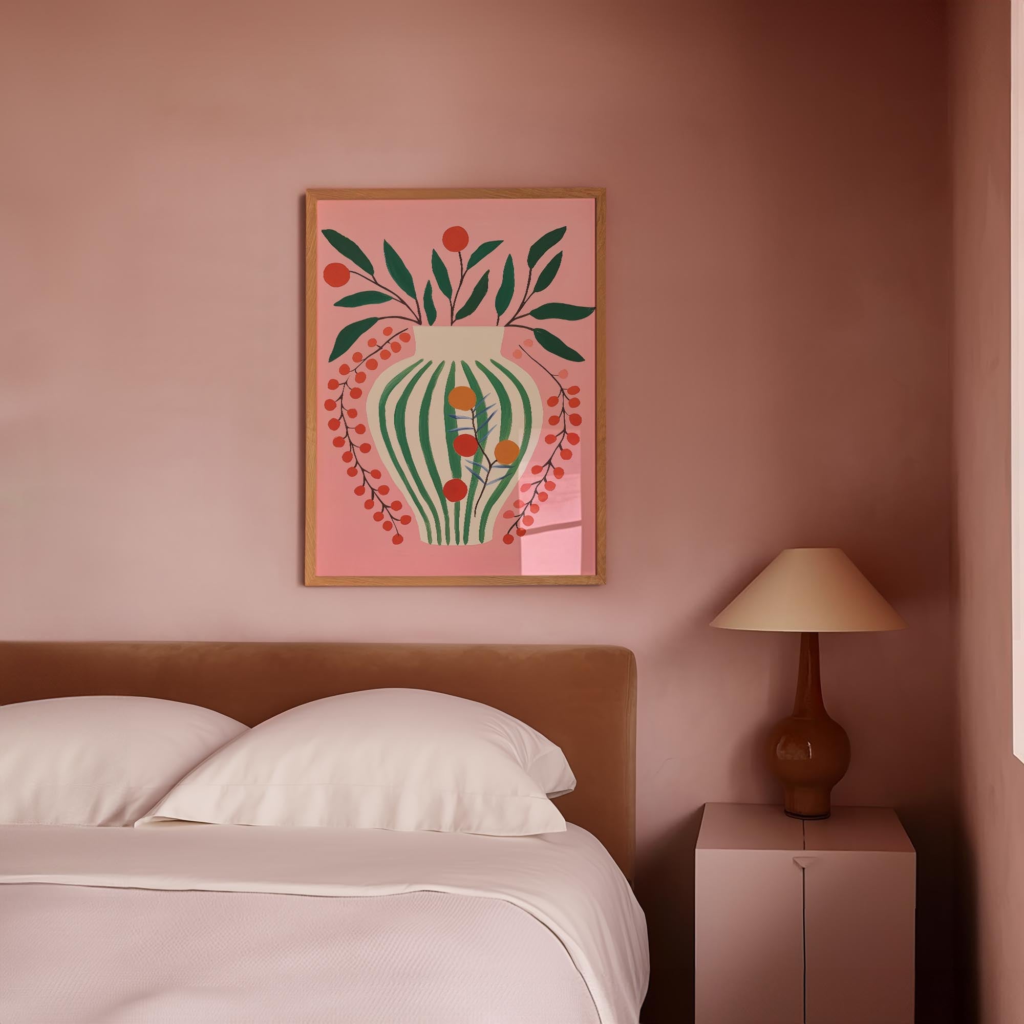 Pink & Green Floral Vase Botanical Illustration Wall Art Print-Skudaboo
