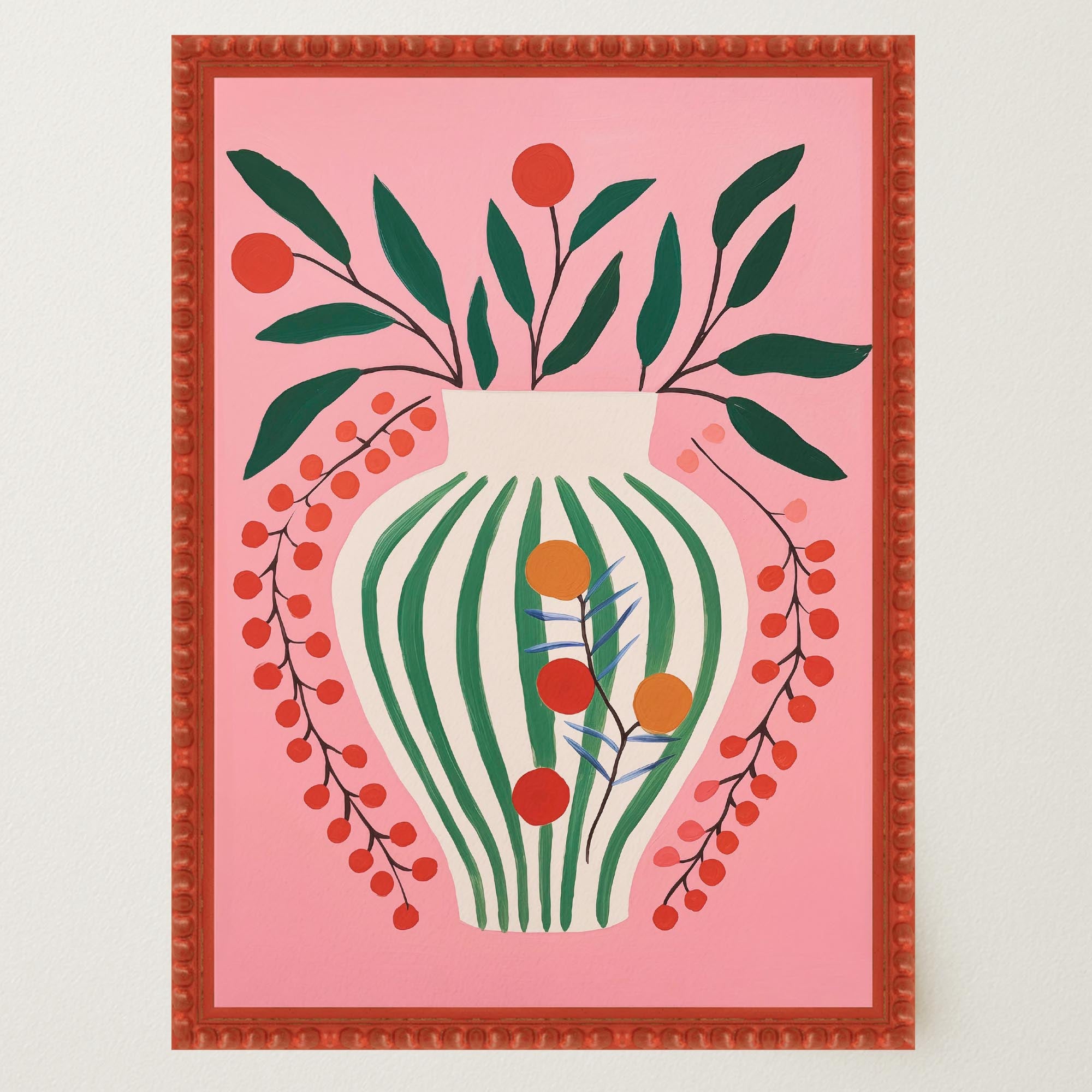 Pink & Green Floral Vase Botanical Illustration Wall Art Print-Skudaboo