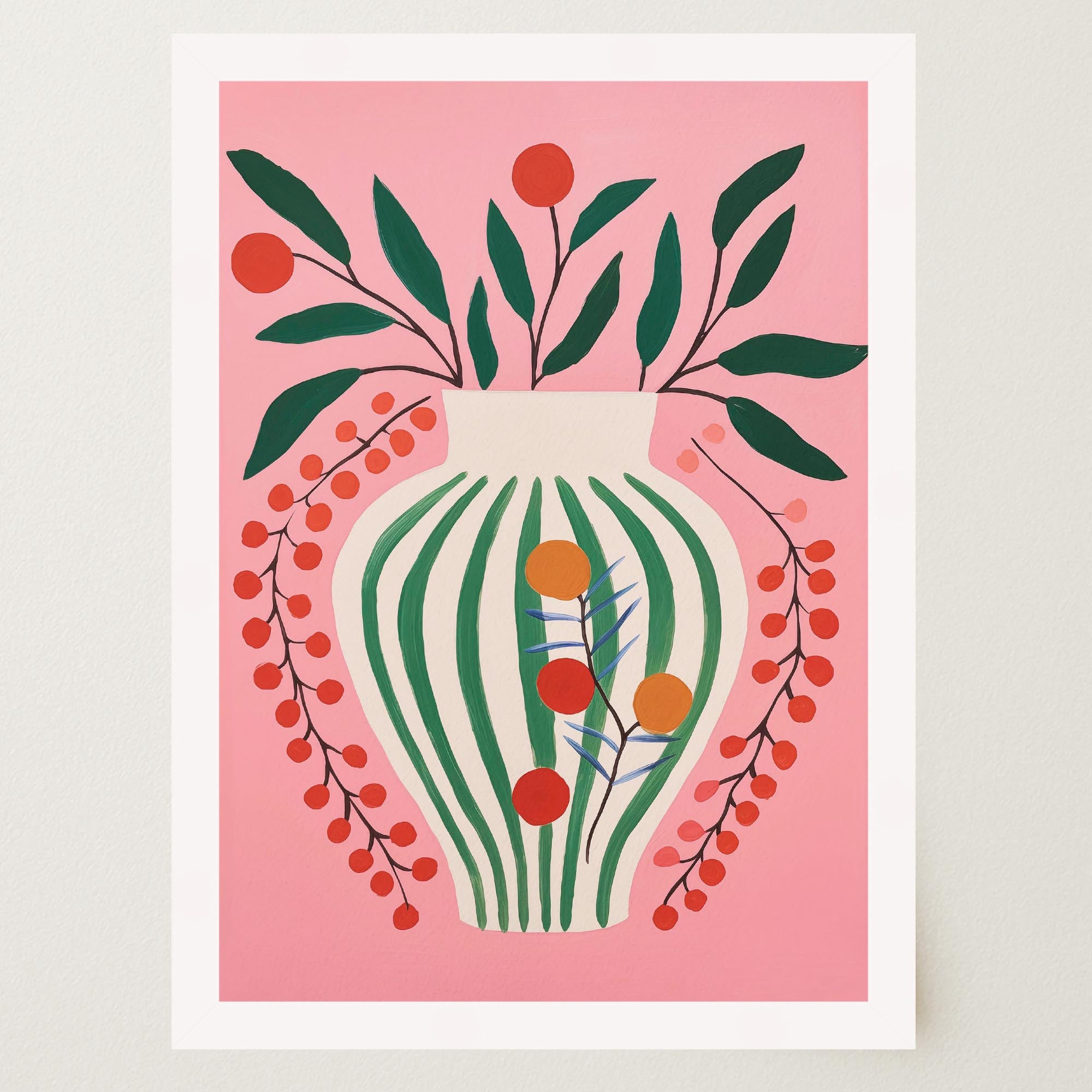 Pink & Green Floral Vase Botanical Illustration Wall Art Print-Skudaboo