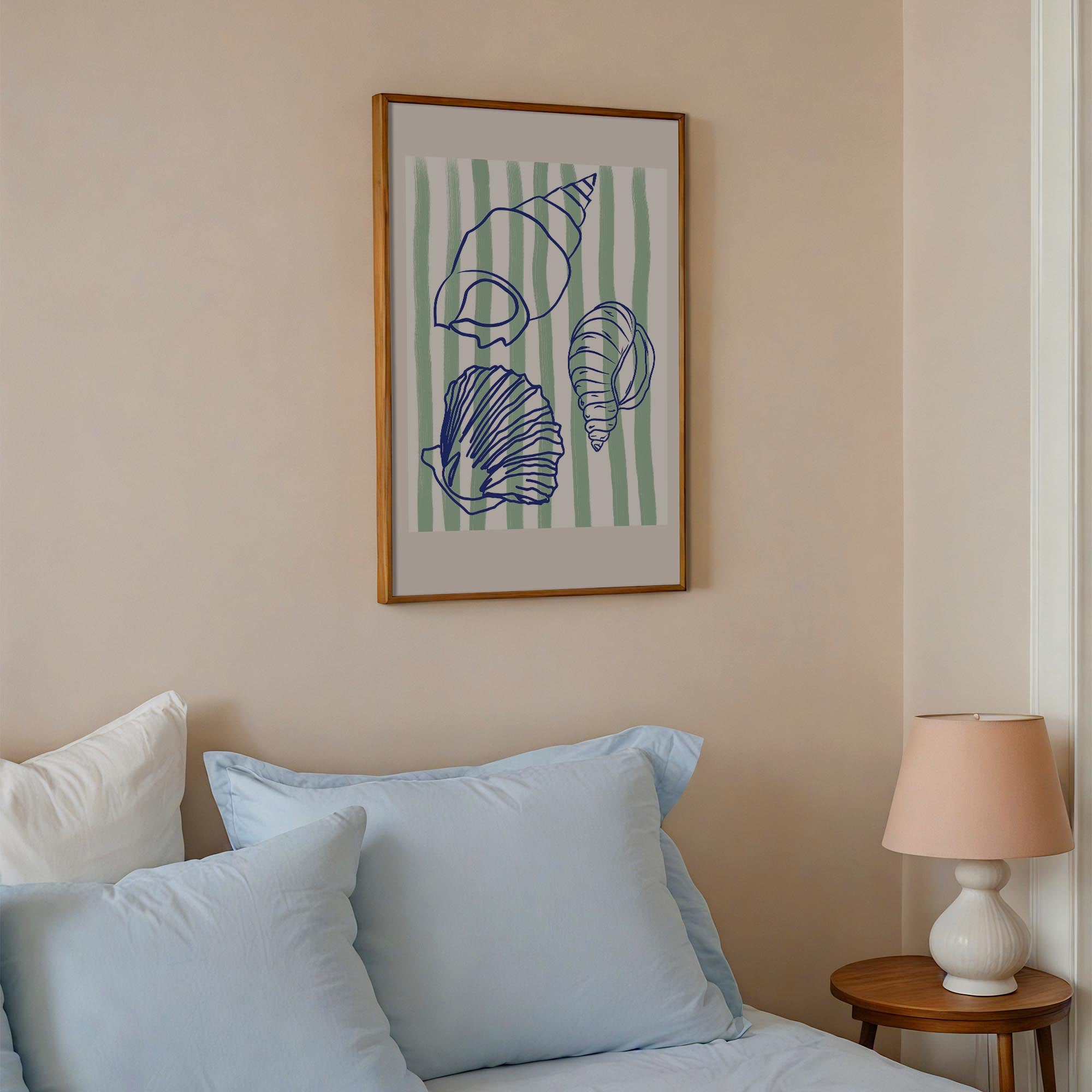 Blue Stripe Coastal Seashell Line Art Print-Skudaboo