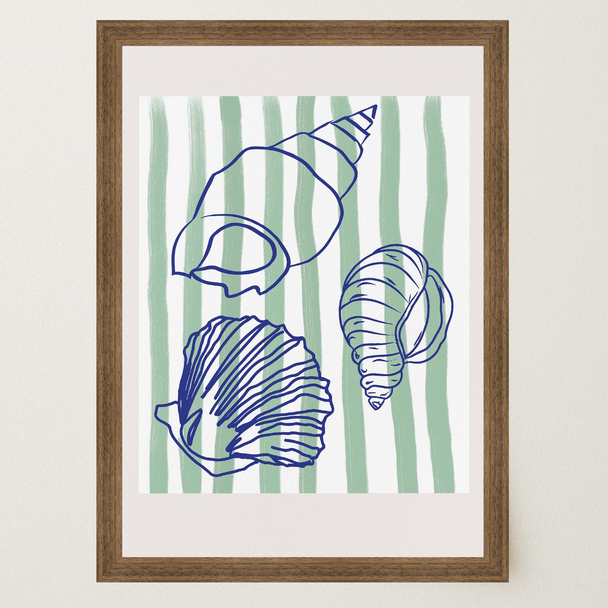 Blue Stripe Coastal Seashell Line Art Print-Skudaboo