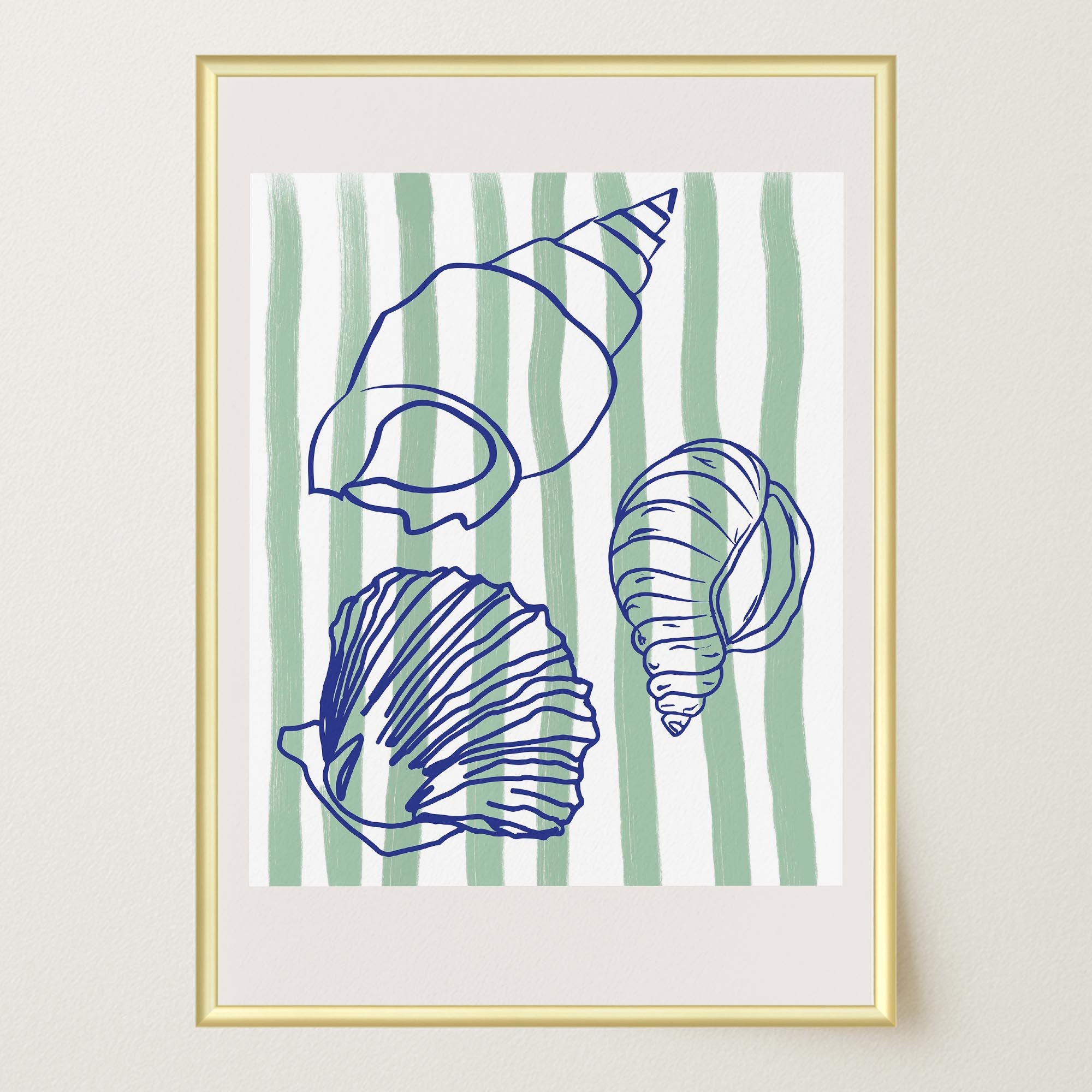 Blue Stripe Coastal Seashell Line Art Print-Skudaboo