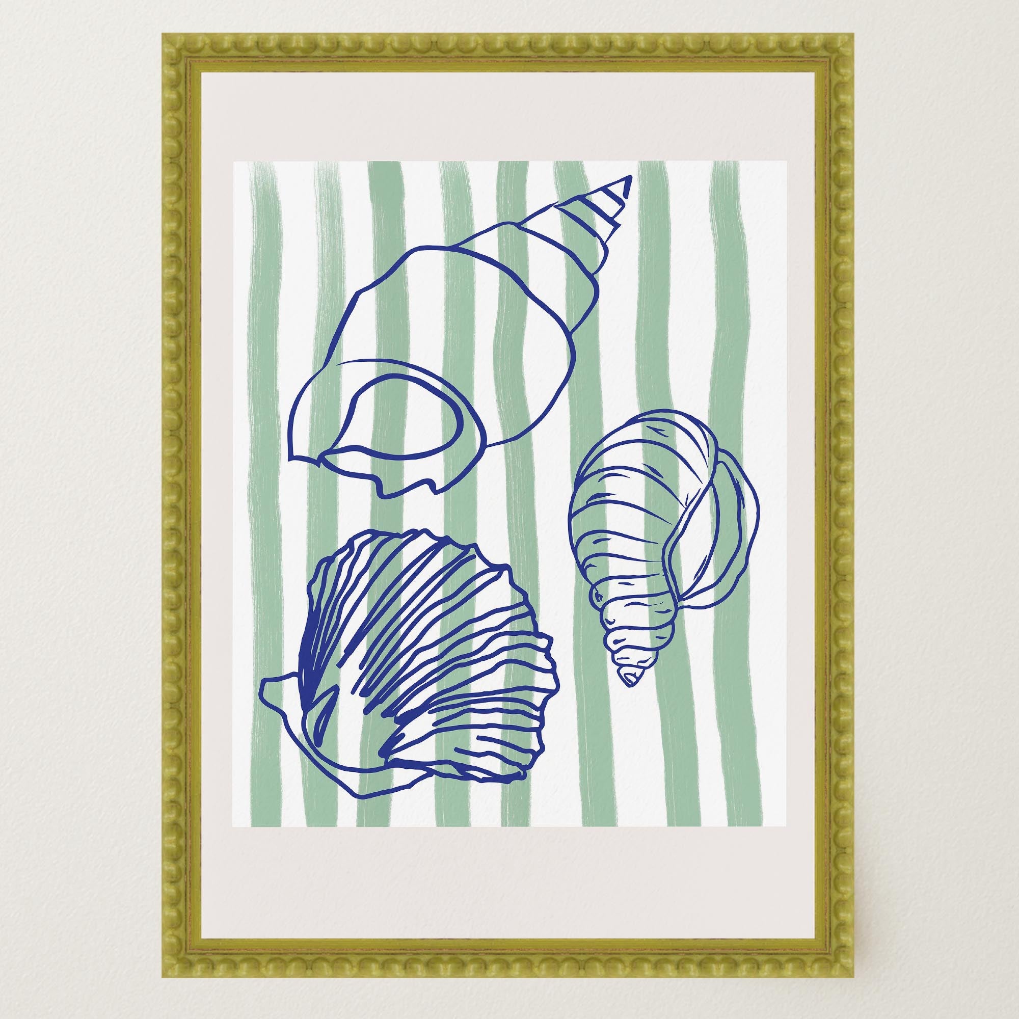 Blue Stripe Coastal Seashell Line Art Print-Skudaboo