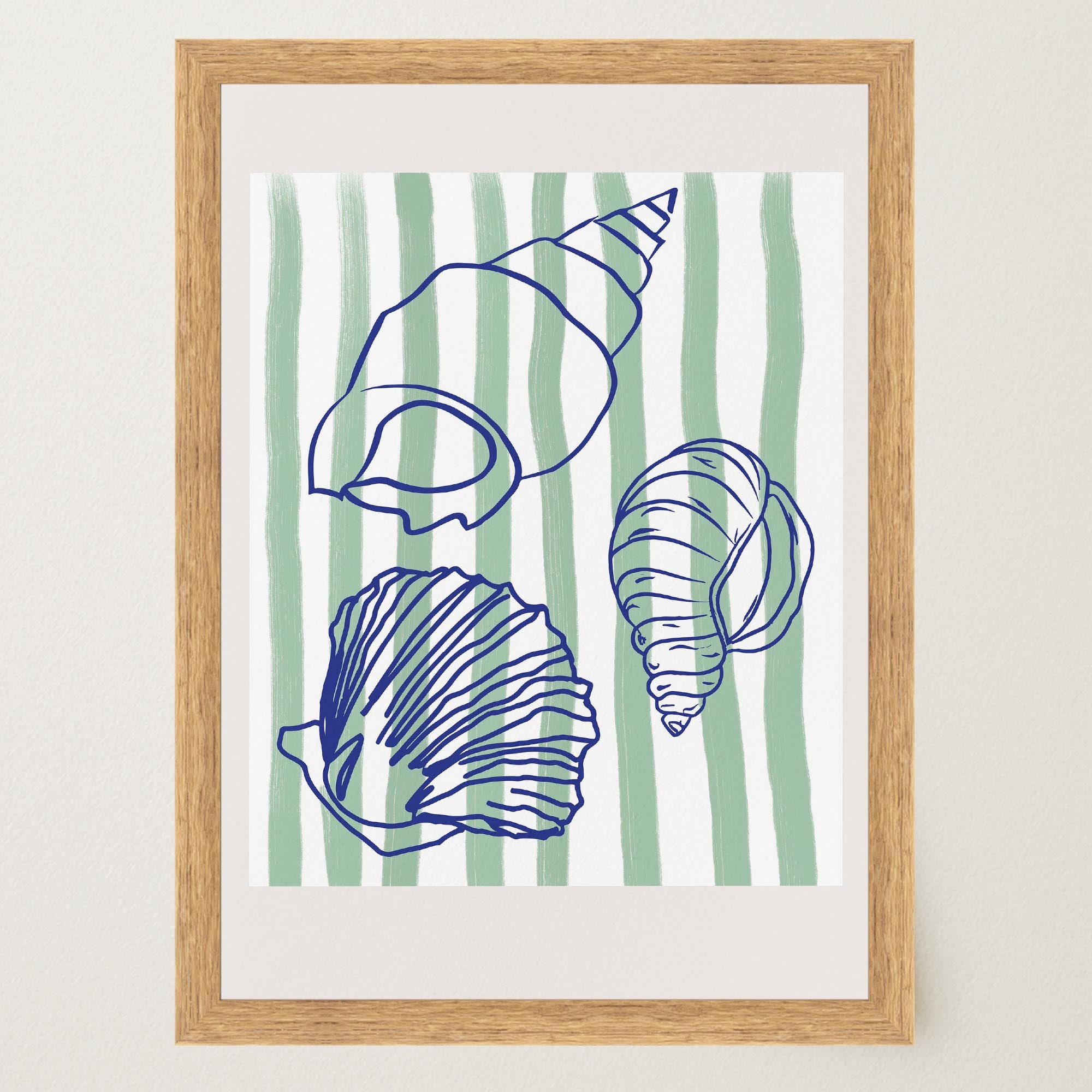 Blue Stripe Coastal Seashell Line Art Print-Skudaboo