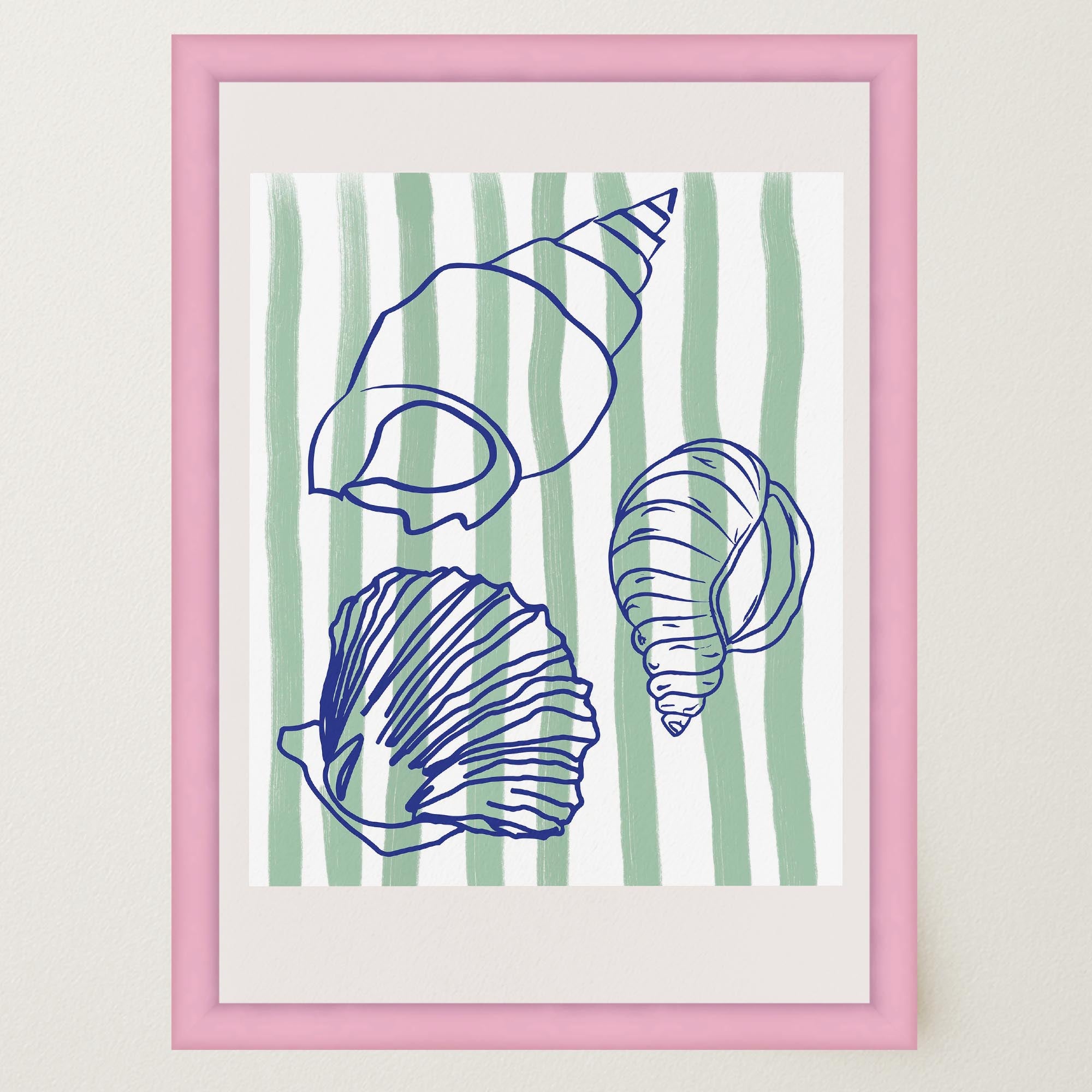 Blue Stripe Coastal Seashell Line Art Print-Skudaboo