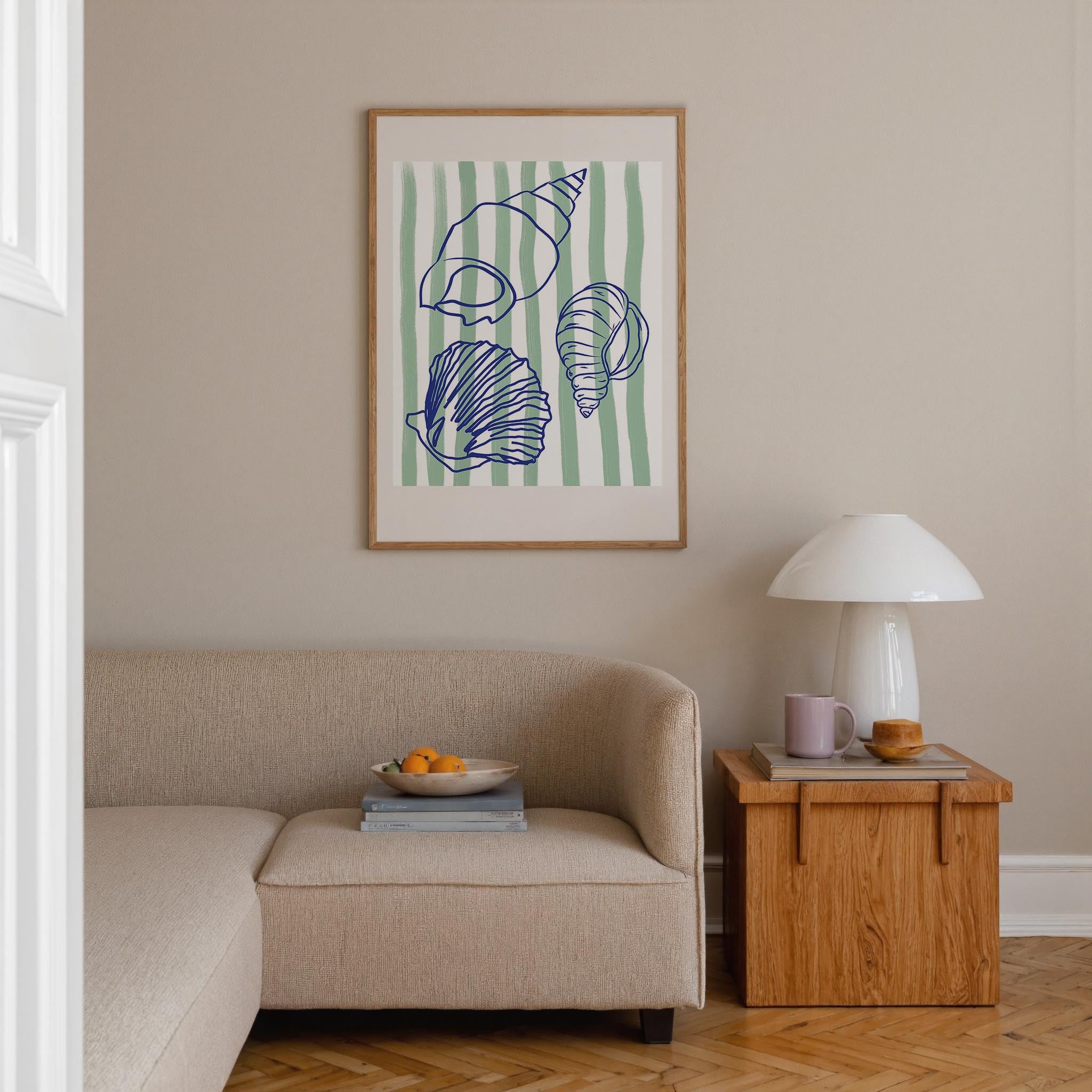 Blue Stripe Coastal Seashell Line Art Print-Skudaboo