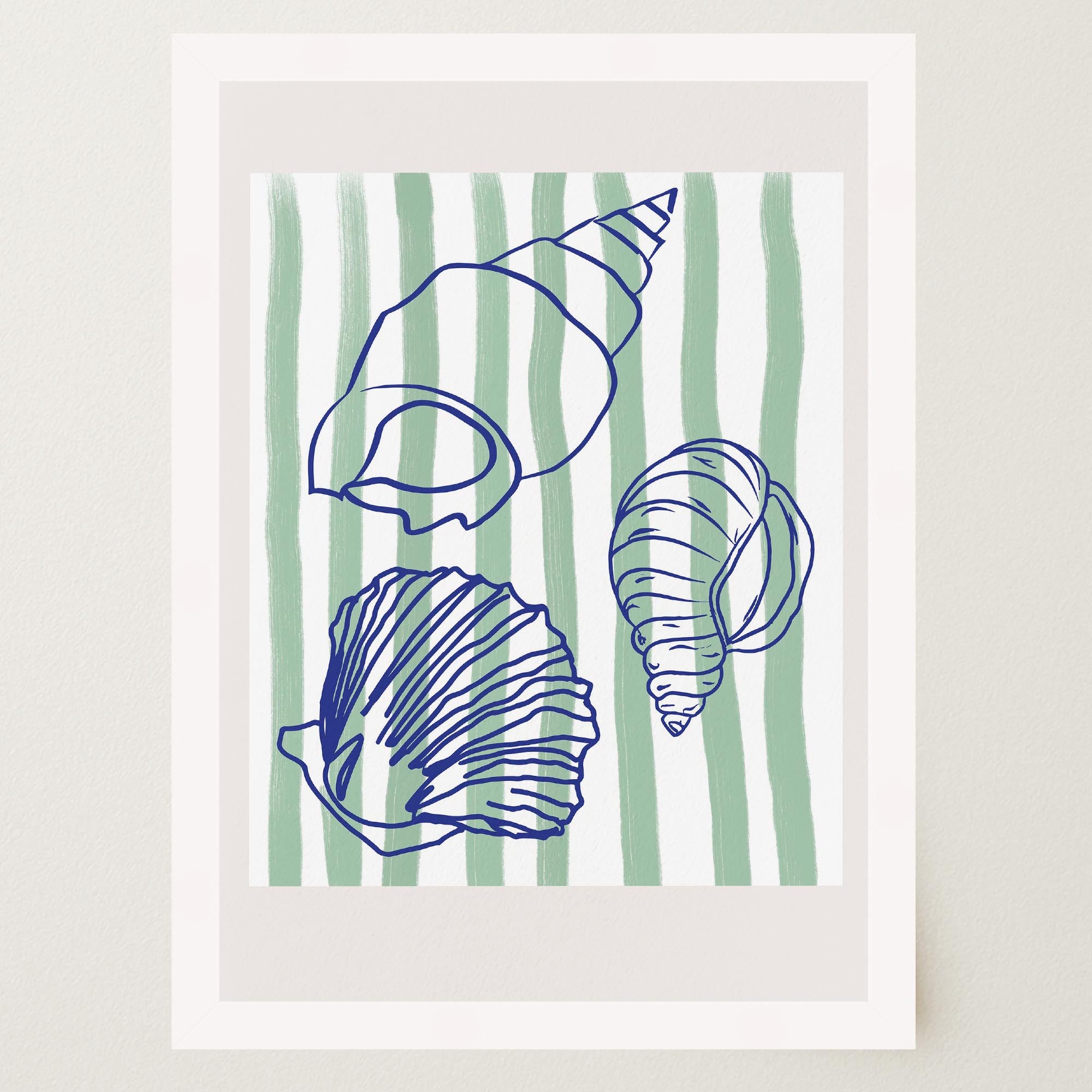 Blue Stripe Coastal Seashell Line Art Print-Skudaboo