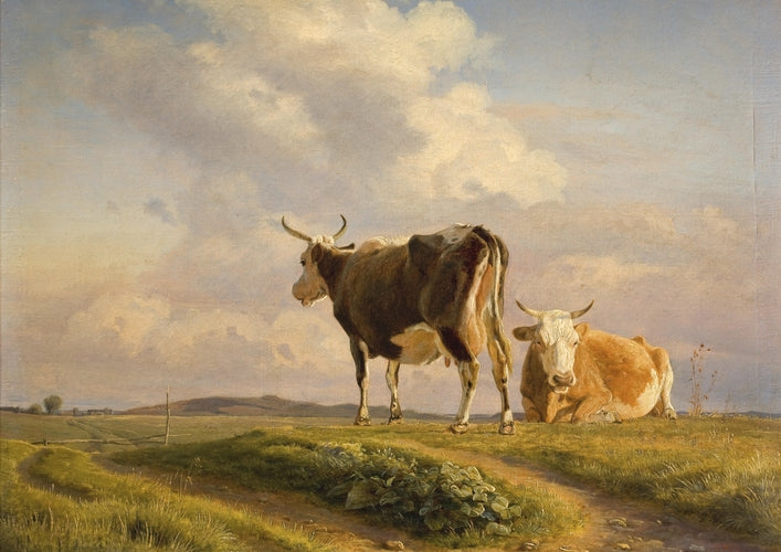 Two Cows in an Open Field Vintage Art Print-Skudaboo