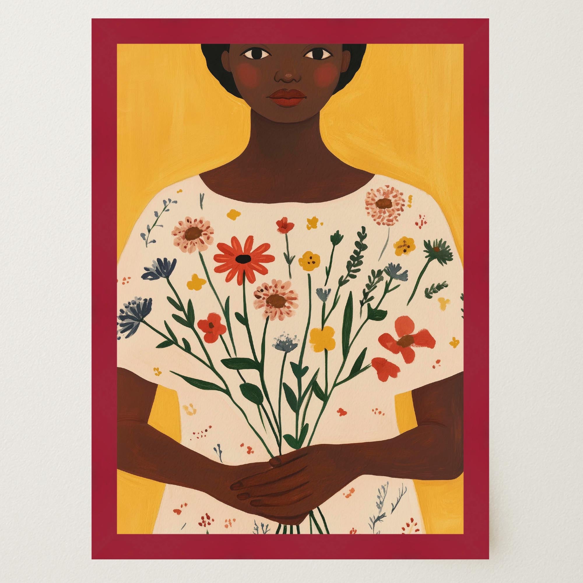 Woman Holding Flowers Portrait Wall Art Print-Skudaboo