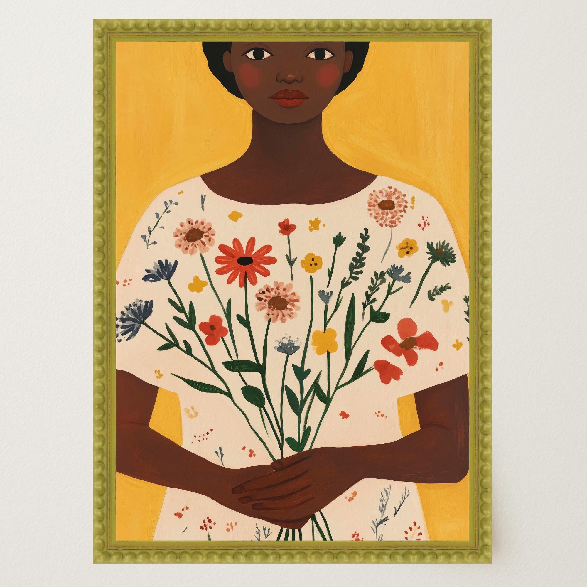 Woman Holding Flowers Portrait Wall Art Print-Skudaboo