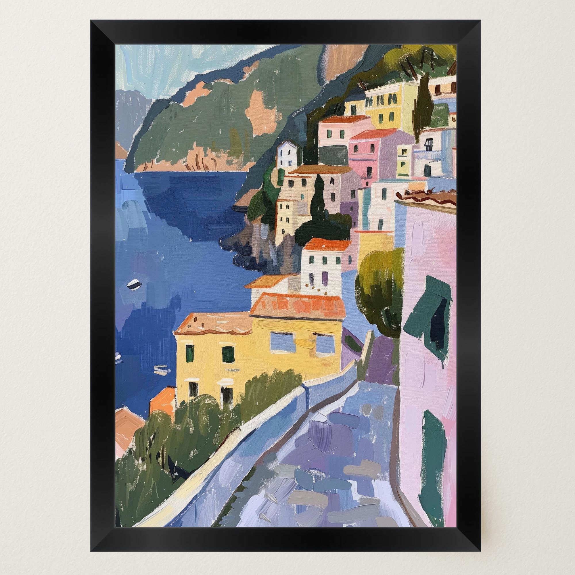 Mediterranean Coastal Town Landscape Wall Art Print-Skudaboo