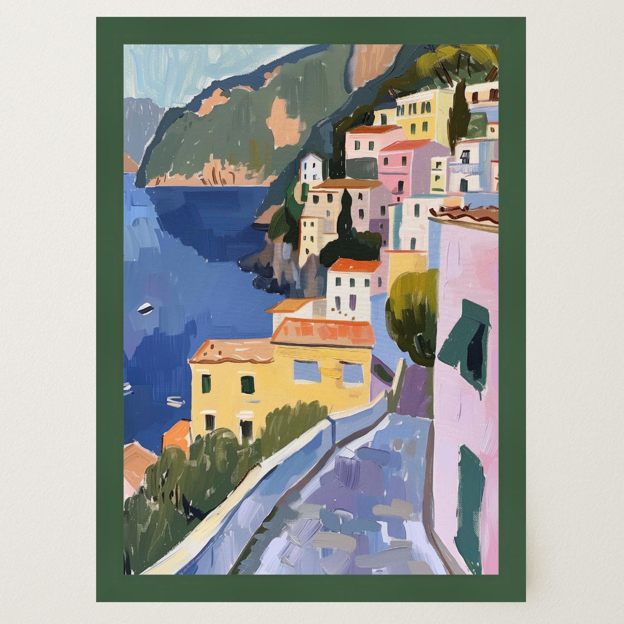 Mediterranean Coastal Town Landscape Wall Art Print-Skudaboo