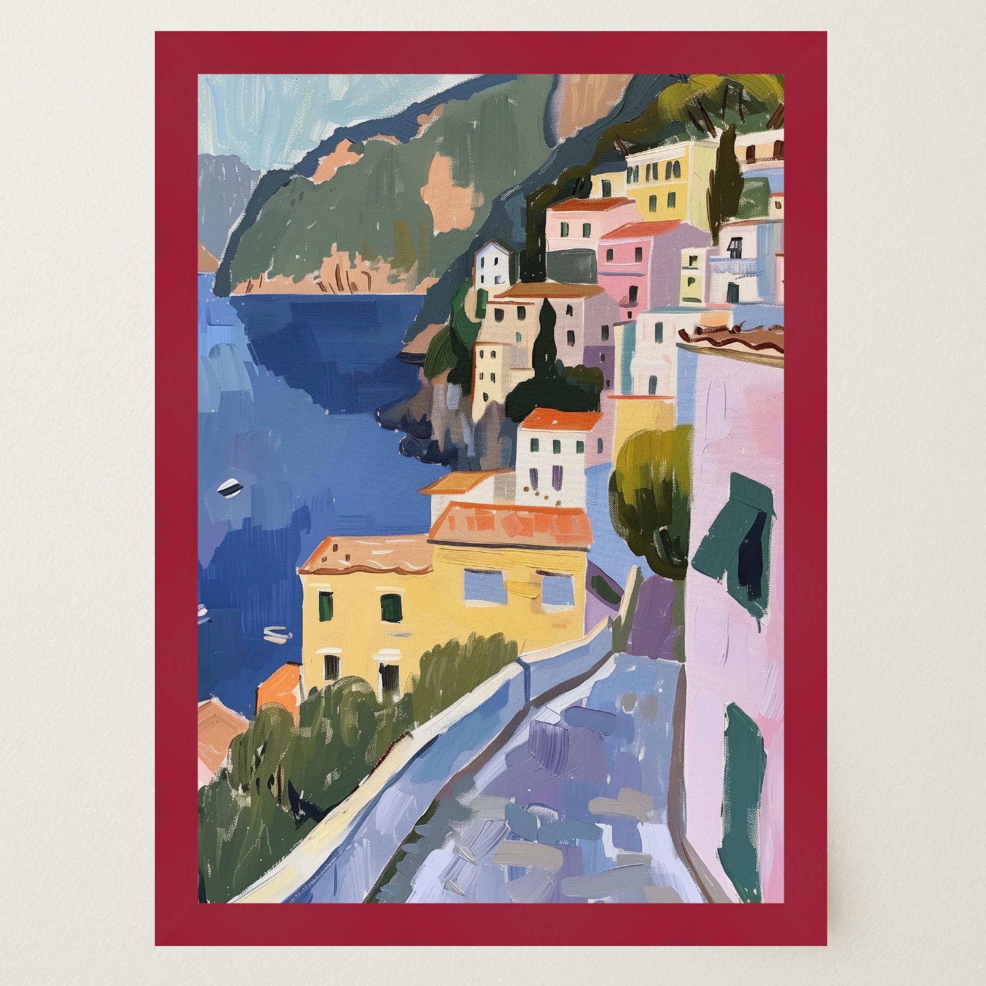 Mediterranean Coastal Town Landscape Wall Art Print-Skudaboo