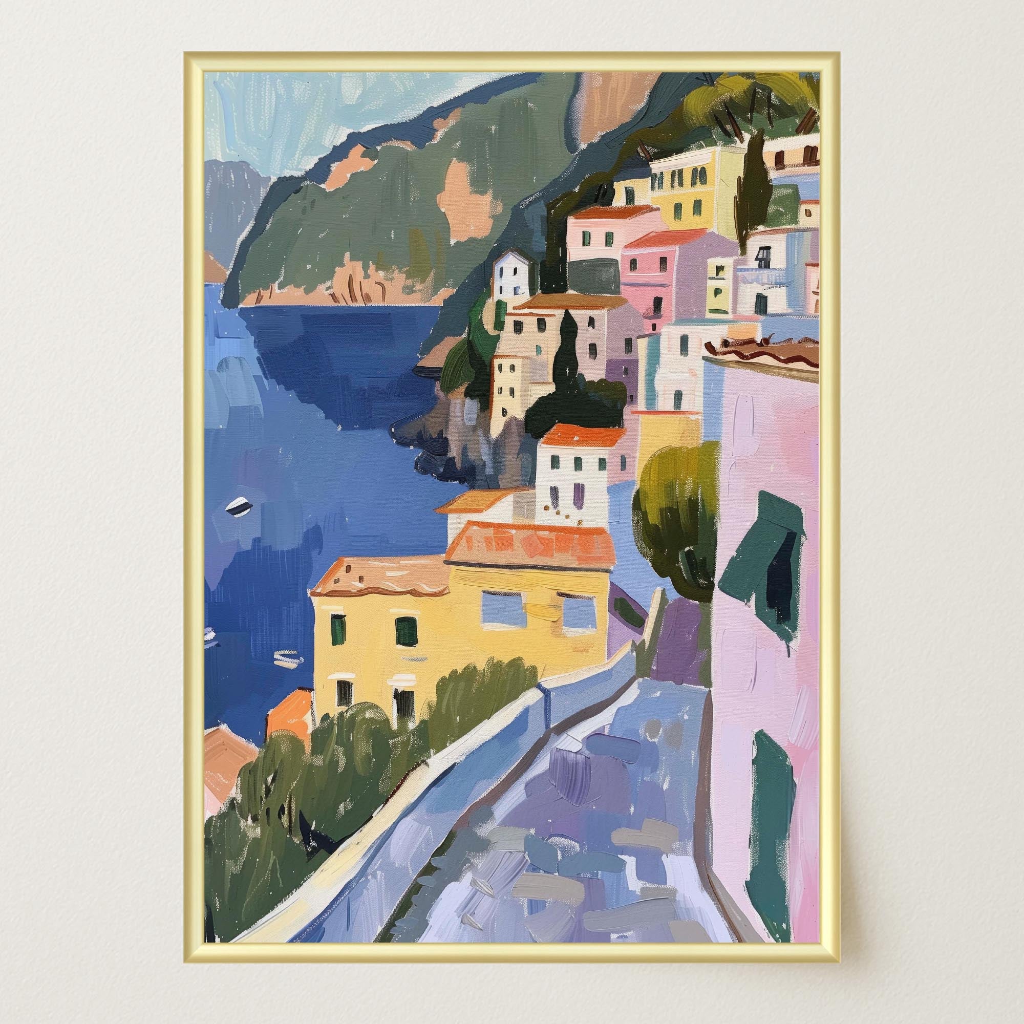 Mediterranean Coastal Town Landscape Wall Art Print-Skudaboo